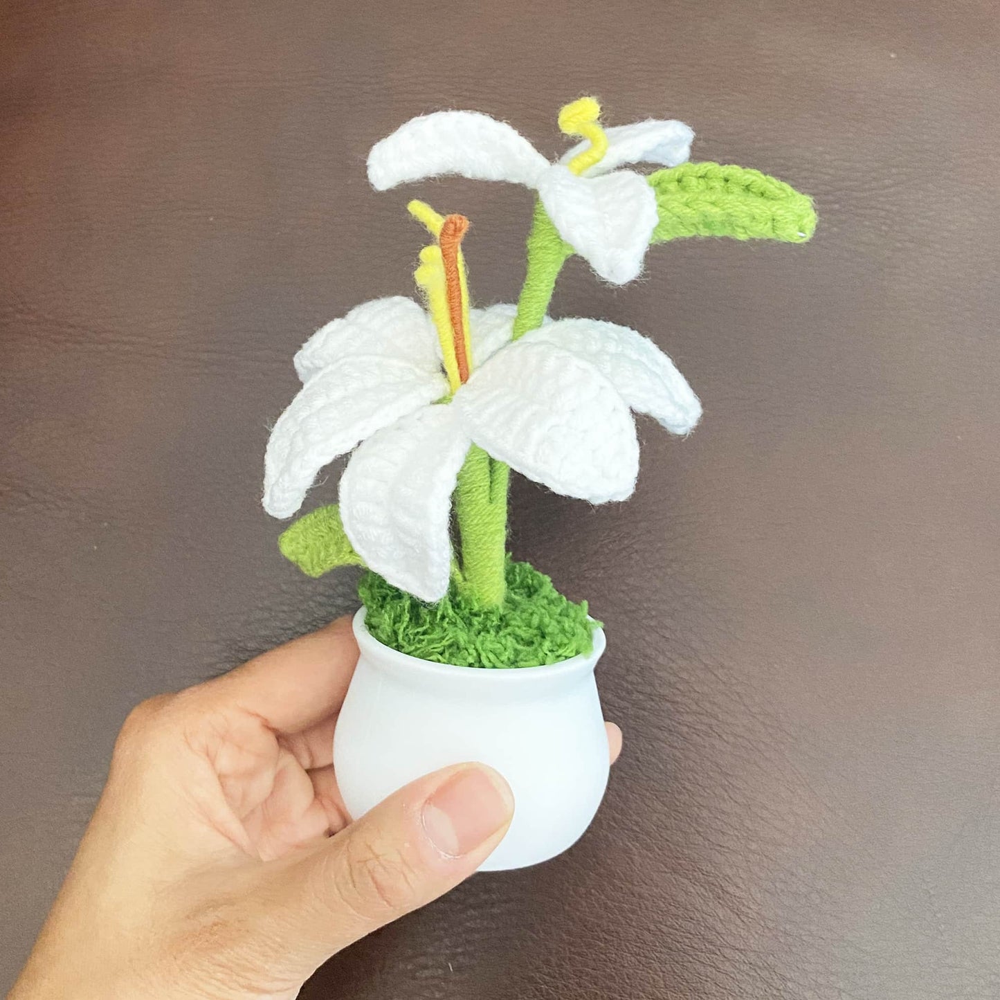 Handmade Crochet White Lily | Crochet Flower Decor | Crochet Bonsai | Lily Decoration | Handmade Gift | Cute Office Decor
