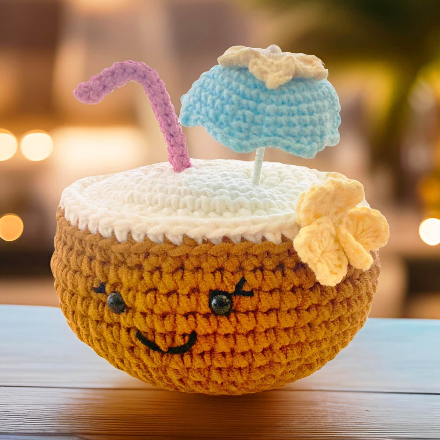 Handmade Coconut Cocktail Plushie | Finished Crochet Cocktail | Coconut Plushie | Vacation Gifts | Alcohol Plushie | Coconut Shell Decor