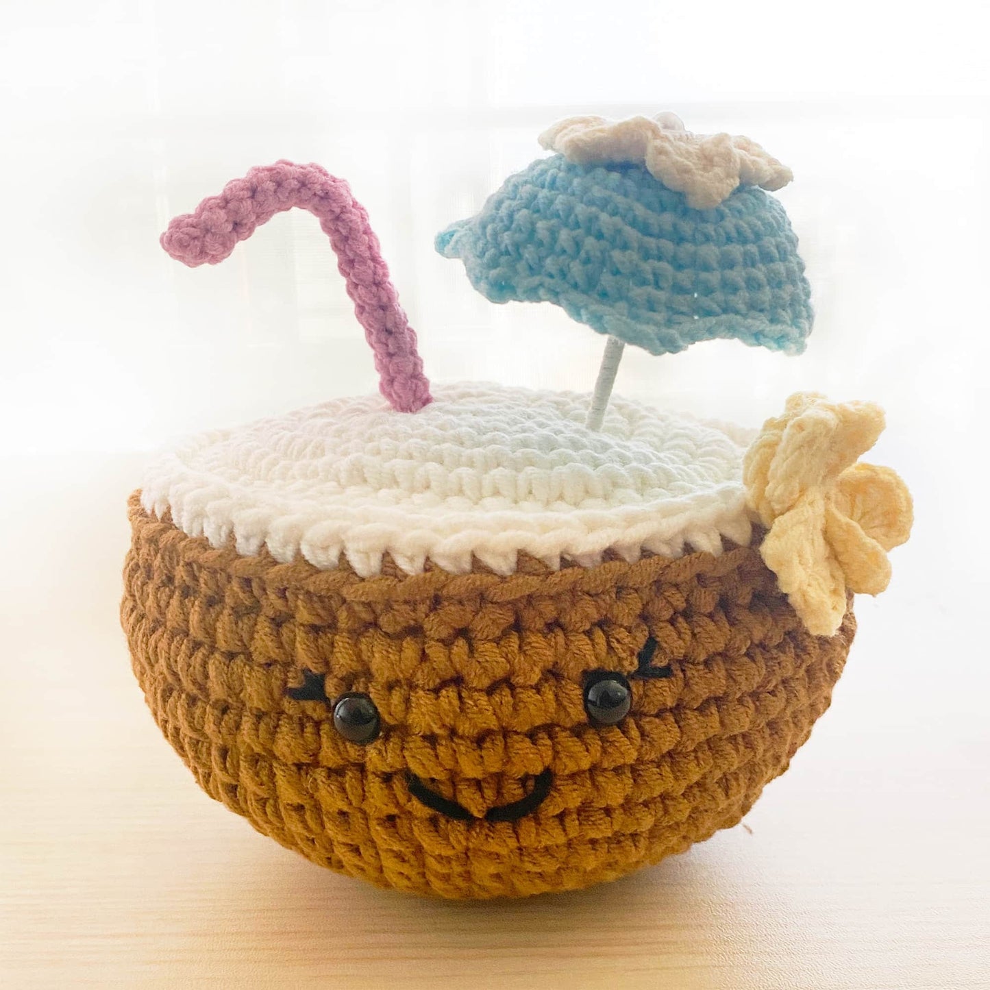 Handmade Coconut Cocktail Plushie | Finished Crochet Cocktail | Coconut Plushie | Vacation Gifts | Alcohol Plushie | Coconut Shell Decor