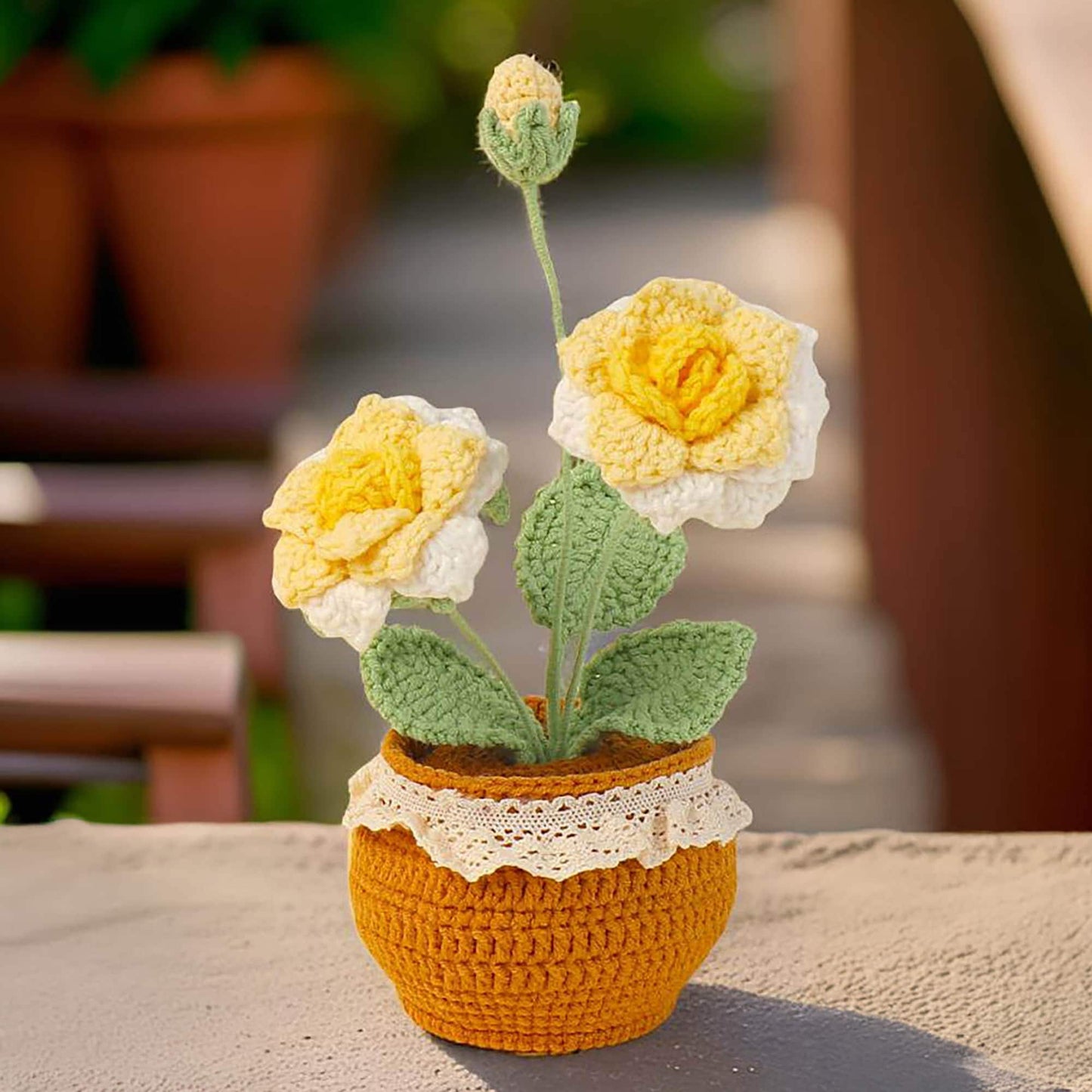 Handmade Crochet Pink Rose Chinensis Pot | Flower Decor | Decorative Plants | Home Decor | Gift For Girlfriend Wife Valentine | Anniversary