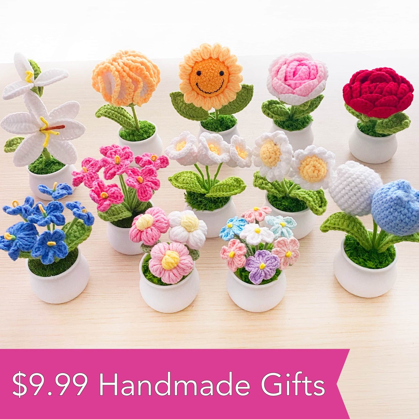 50+%OFF Mystery Bag Crochet Flower Pot | Curated 45+ Dollars Value | Tulip pot | Daisy | Forget me not | Bouquet | Toys | Accessories