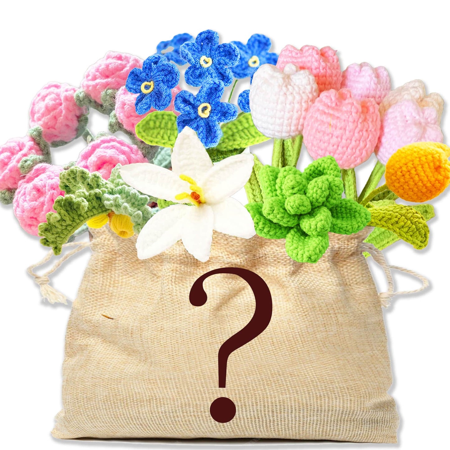 50+%OFF Mystery Bag Crochet Flower Pot | Curated 45+ Dollars Value | Tulip pot | Daisy | Forget me not | Bouquet | Toys | Accessories