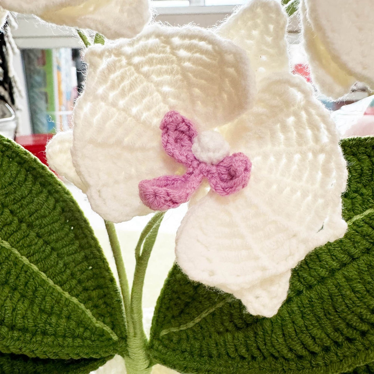 Handmade Crochet Moth Orchid + Vase | Flower Bonsai | Home Living Room Lobby Decor | White Pink Green | Dried Fake Flower