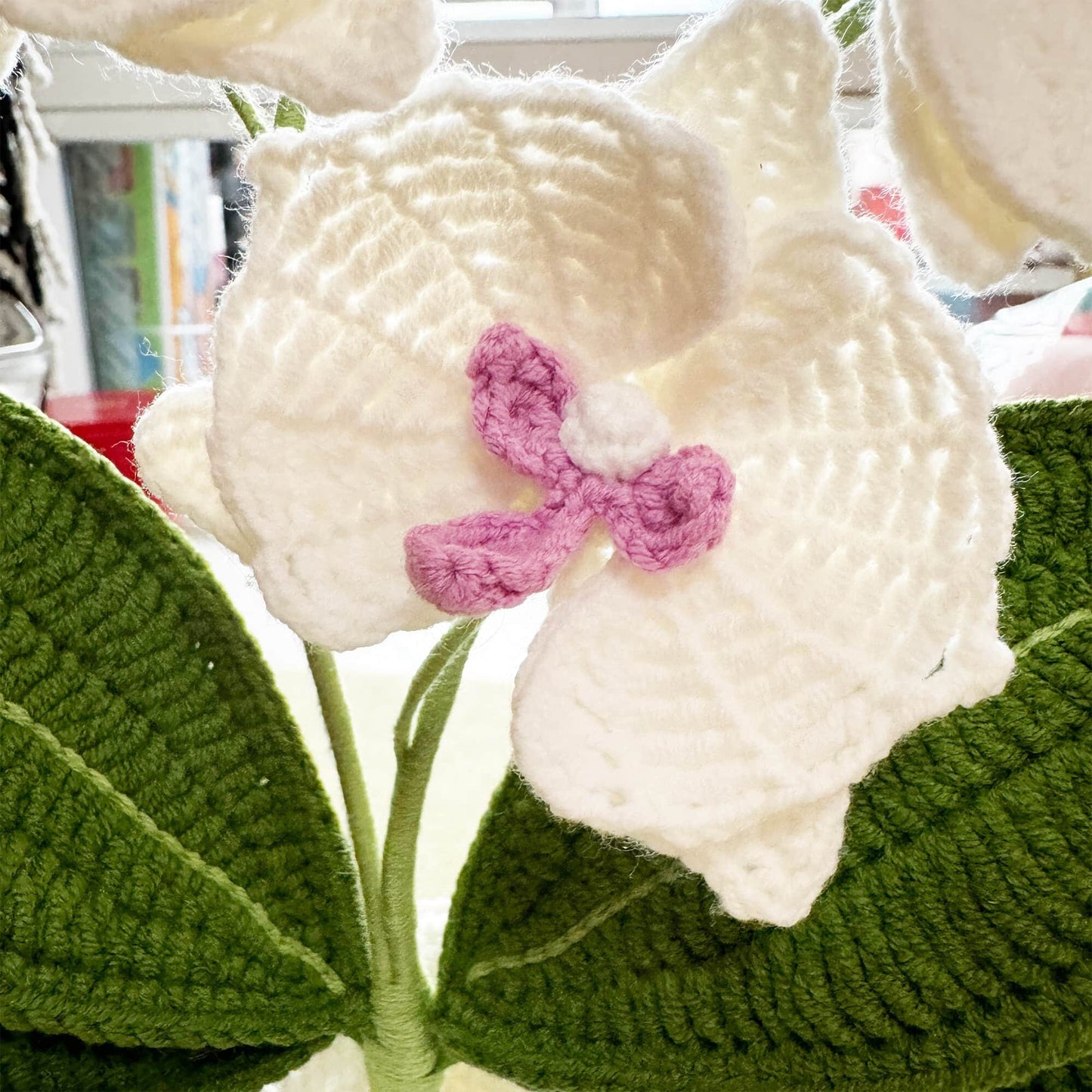 Handmade Crochet Moth Orchid + Vase | Flower Bonsai | Home Living Room Lobby Decor | White Pink Green | Dried Fake Flower