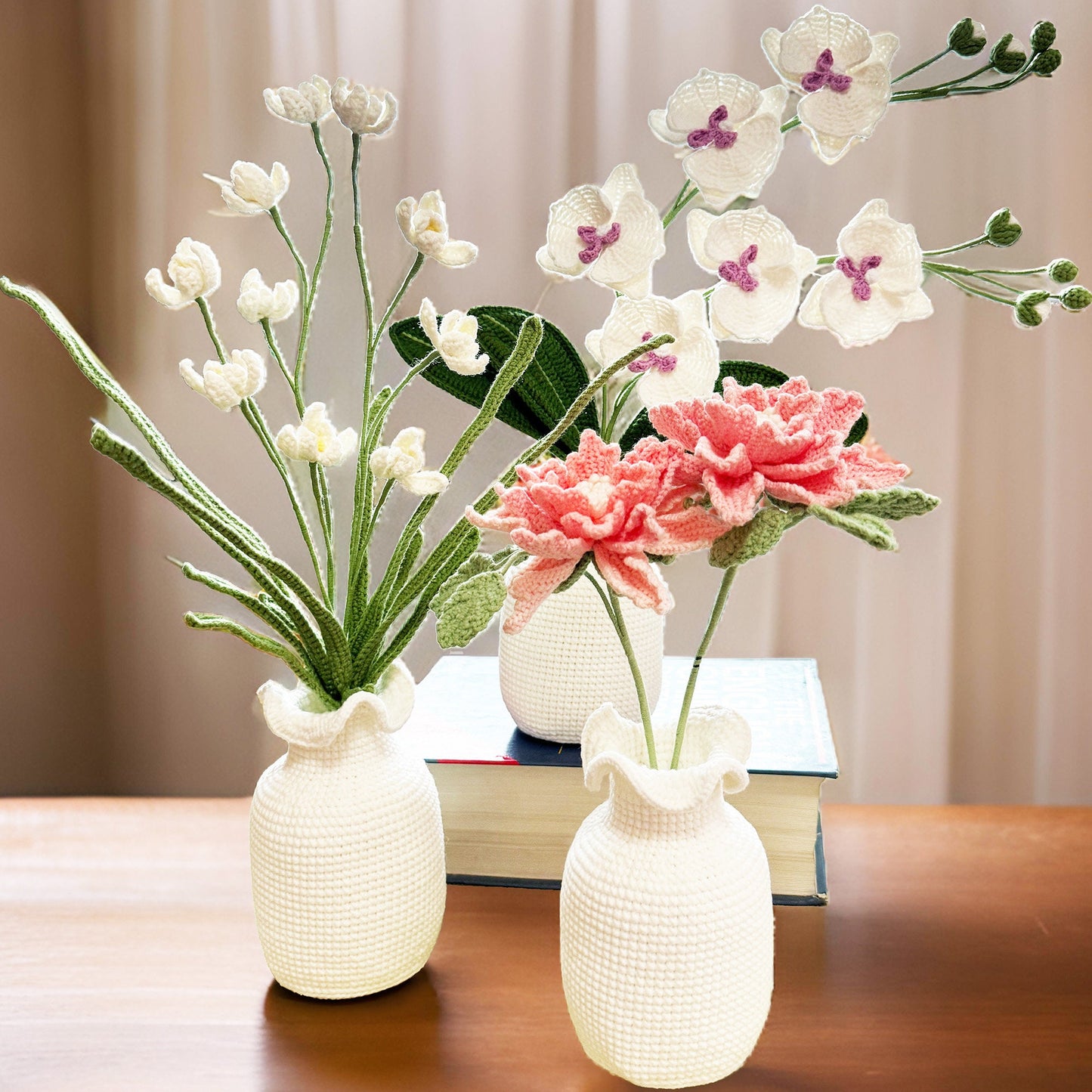 Handmade Crochet Moth Orchid + Vase | Flower Bonsai | Home Living Room Lobby Decor | White Pink Green | Dried Fake Flower