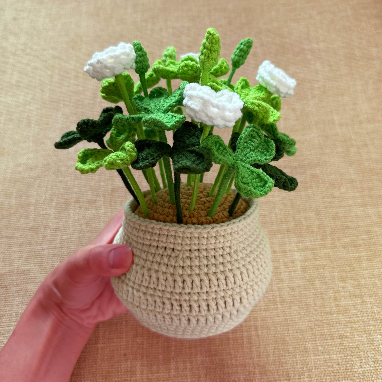 Finished Handmade Crochet Clover Flower Pot Plant | Lucky Leaves | White Green Home Decor | St Patrick's Day Graduation Birthday