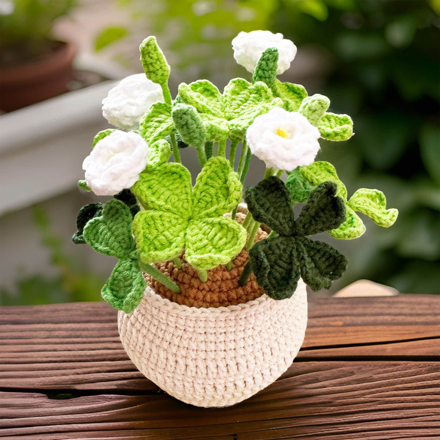 Finished Handmade Crochet Clover Flower Pot Plant | Lucky Leaves | White Green Home Decor | St Patrick's Day Graduation Birthday