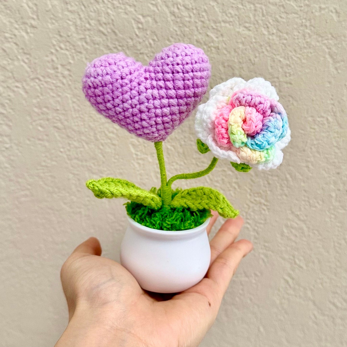 Handmade Finished Crochet Heart Flower Pot | Pink | Red | Blue | Rose | Forget me not | Decorative Plants | Girlfriend | Valentine Gift