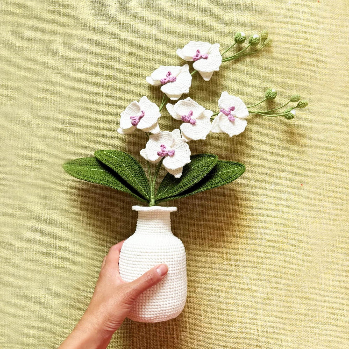 Handmade Crochet Moth Orchid + Vase | Flower Bonsai | Home Living Room Lobby Decor | White Pink Green | Dried Fake Flower