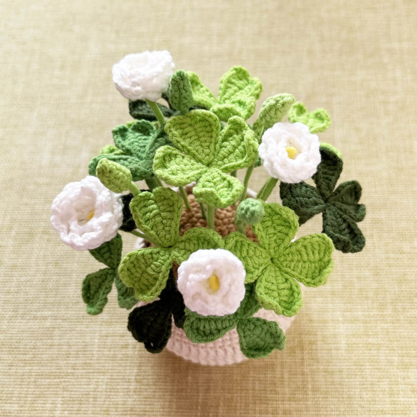 Finished Handmade Crochet Clover Flower Pot Plant | Lucky Leaves | White Green Home Decor | St Patrick's Day Graduation Birthday