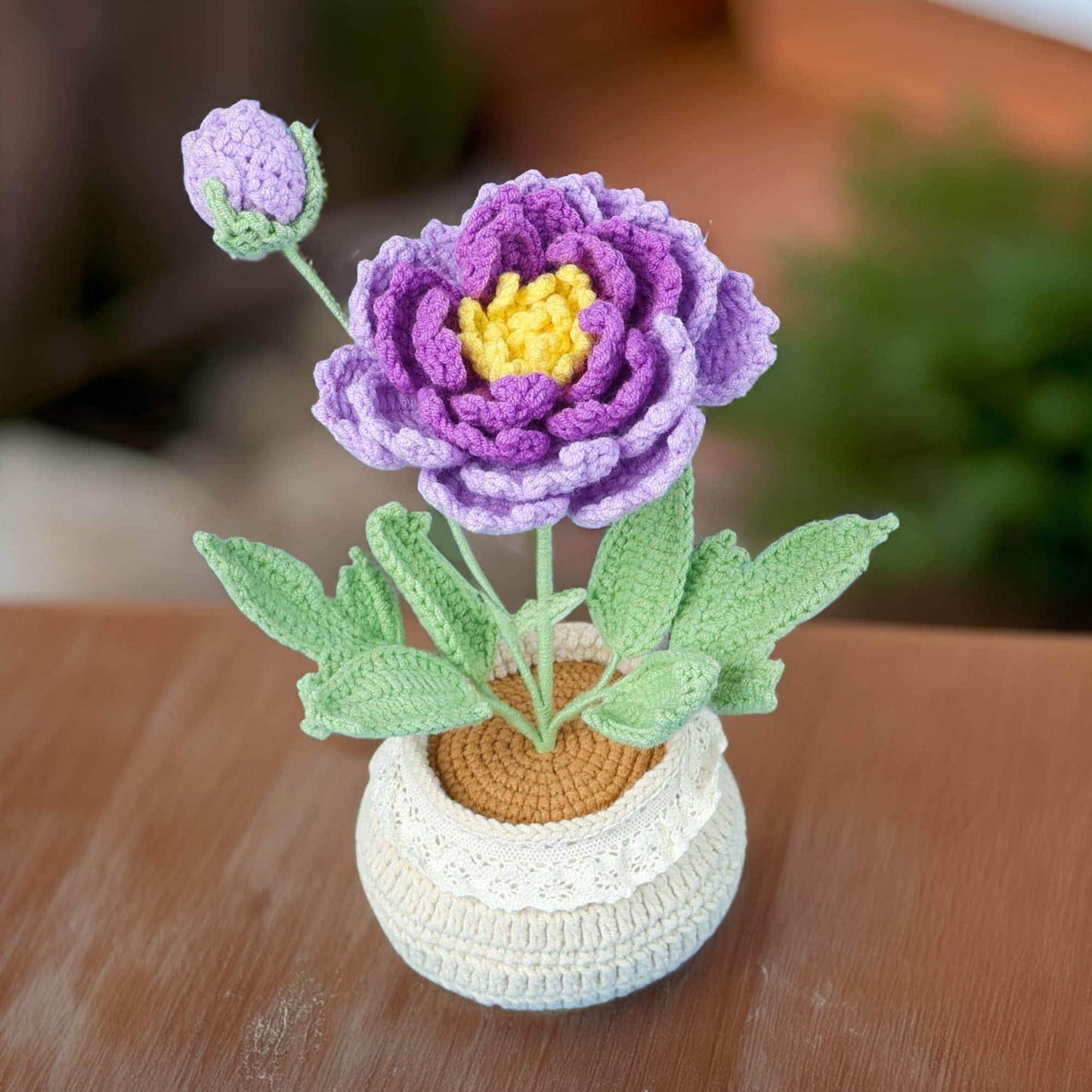 Handmade Crochet Peony Flower Pot | Pink | Yellow | Blue | Purple | Home Decor | Gift for Mom Girlfriend Women Teacher | Dried Fake Plant