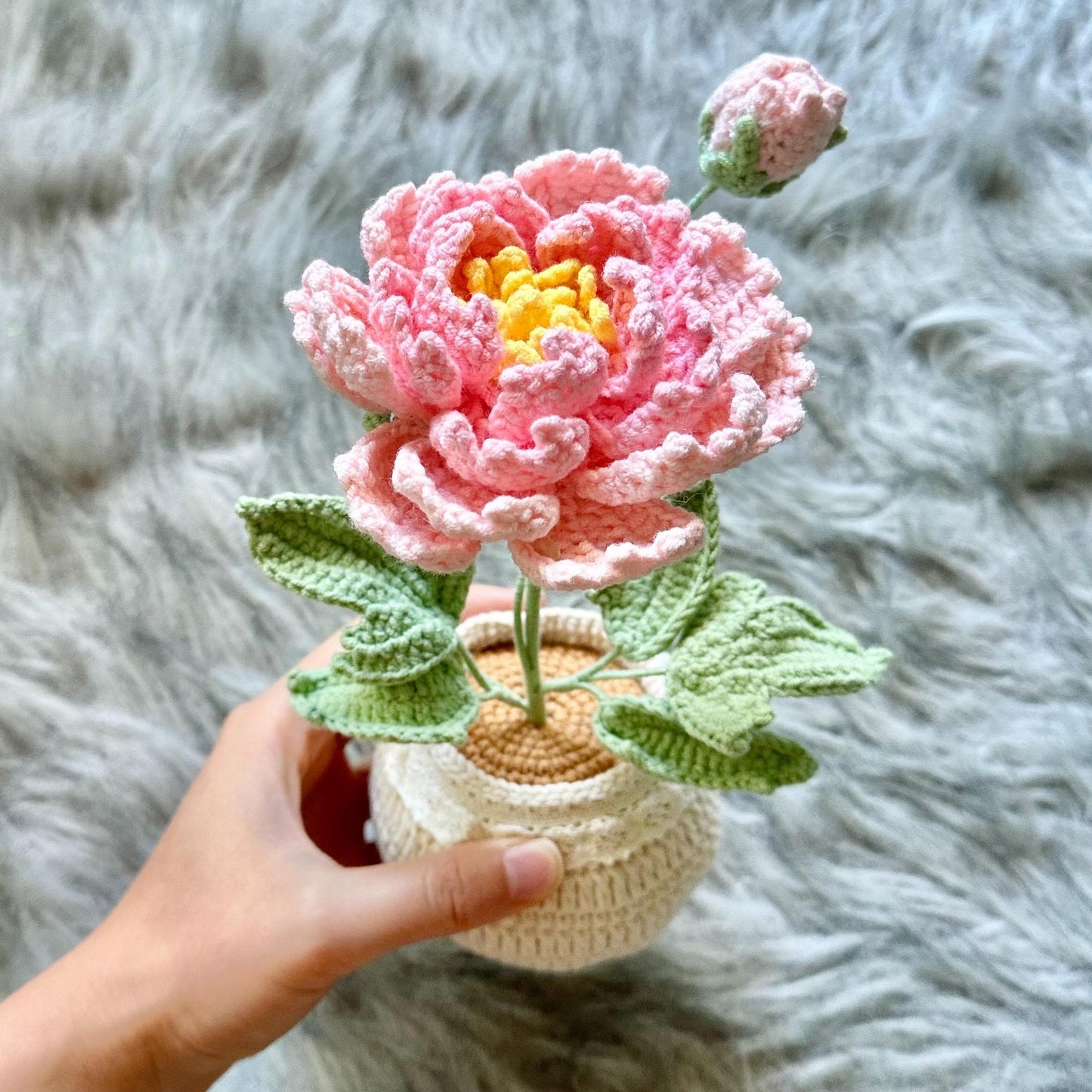 Handmade Crochet Peony Flower Pot | Pink | Yellow | Blue | Purple | Home Decor | Gift for Mom Girlfriend Women Teacher | Dried Fake Plant