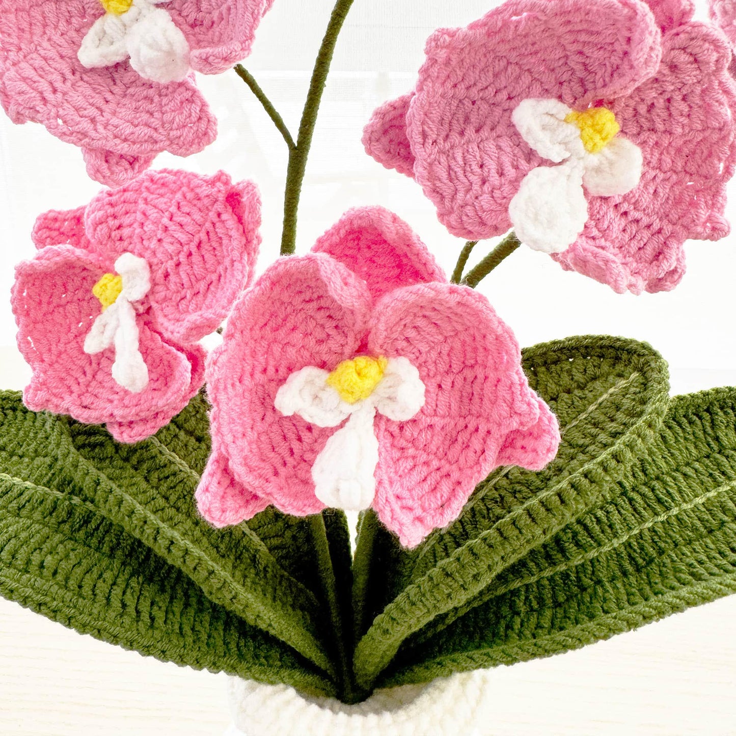 Handmade Crochet Moth Orchid + Vase | Flower Bonsai | Home Living Room Lobby Decor | White Pink Green | Dried Fake Flower