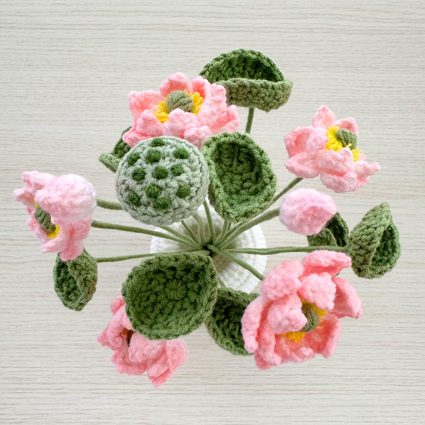 Handmade Crochet Lotus + Vase | water lily | Zen Home Decor | Crocheted Flower | Yoga Room | Living Room | Pink Green White | Meditation