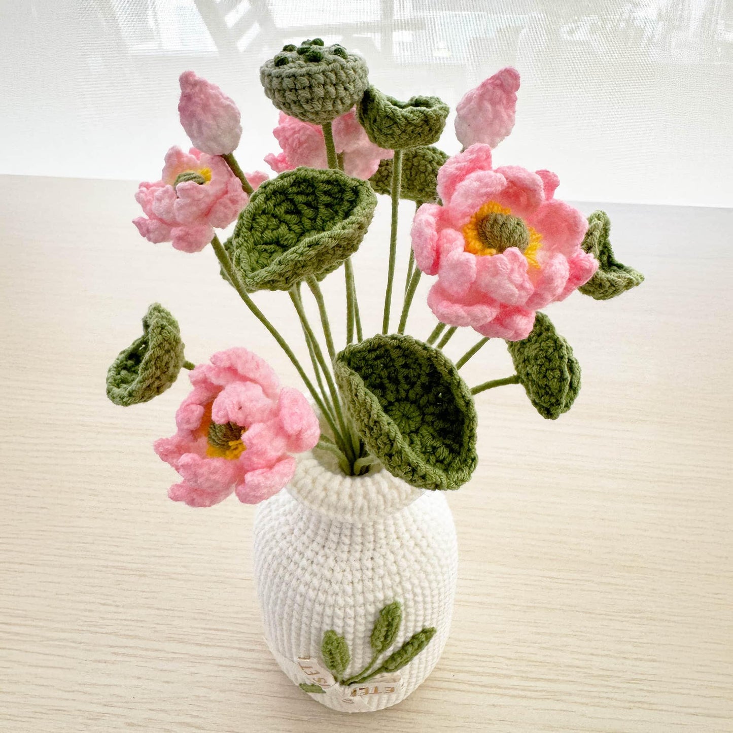 Handmade Crochet Lotus + Vase | water lily | Zen Home Decor | Crocheted Flower | Yoga Room | Living Room | Pink Green White | Meditation