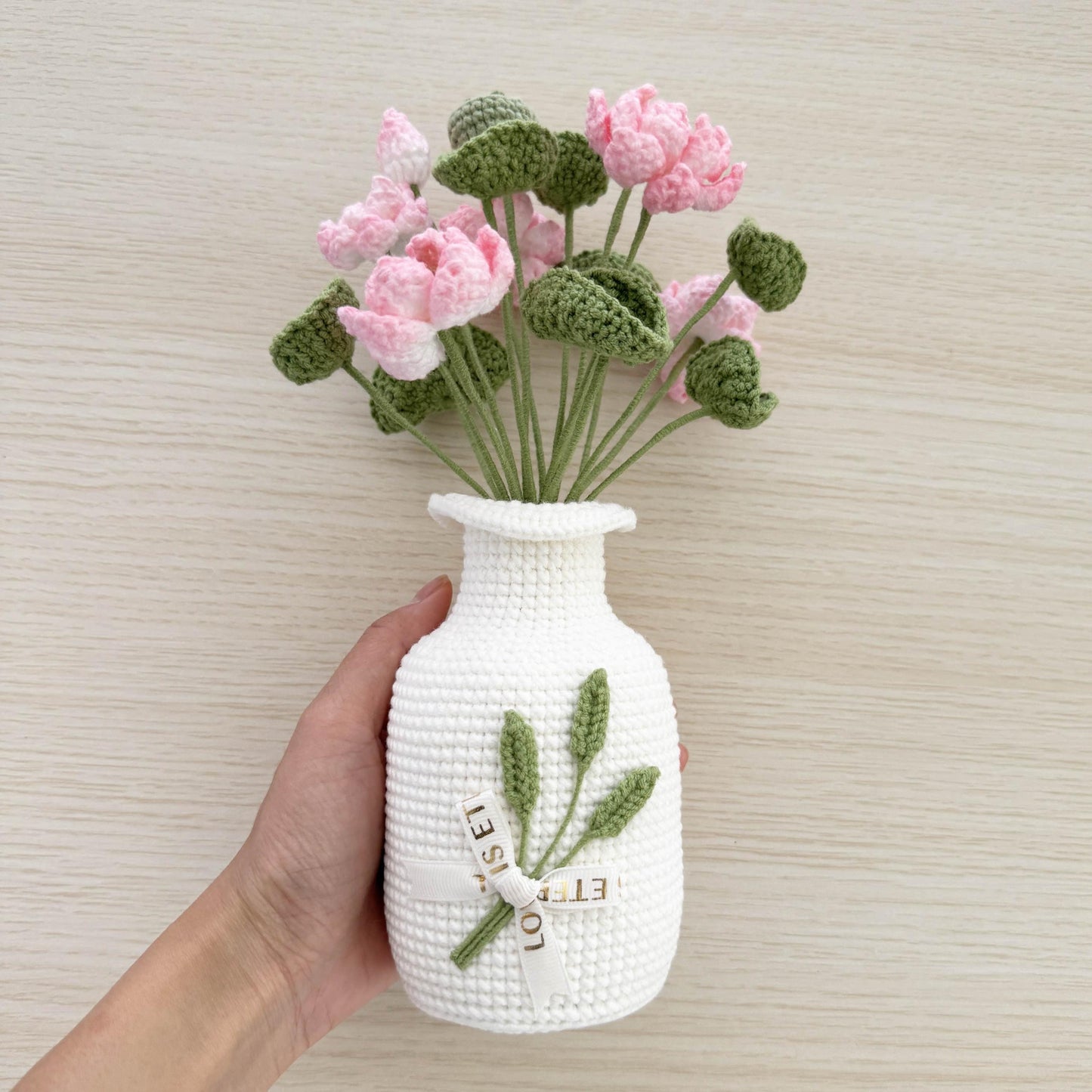 Handmade Crochet Lotus + Vase | water lily | Zen Home Decor | Crocheted Flower | Yoga Room | Living Room | Pink Green White | Meditation
