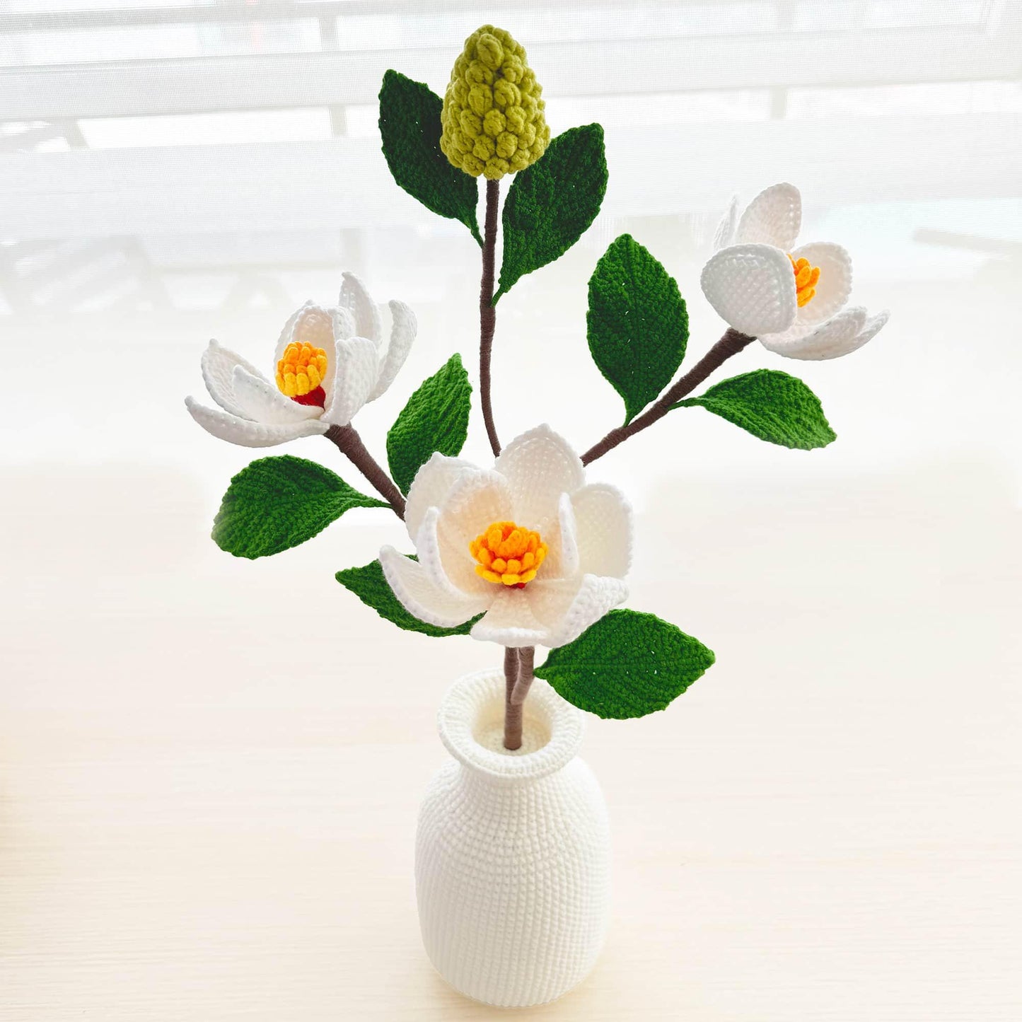 Handmade Crochet Magnolia + Vase | White Green Orange | Bull Bay | Southern Magnolia Grandiflora | Dried Flower | Mississippi