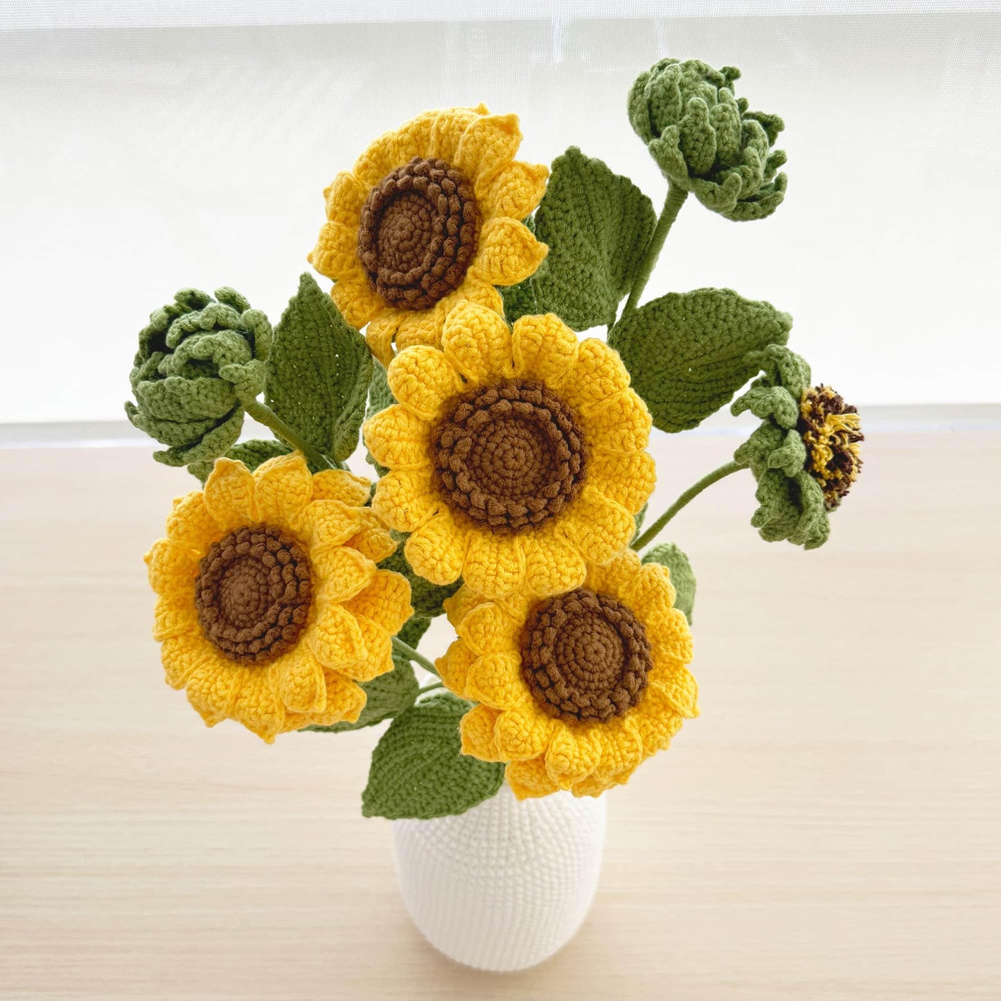 Handmade Crochet Sunflower Bouquet + Vase | Crocheted Flower | White Yellow Brown | Decorative Plants | Gift for Mother Wife