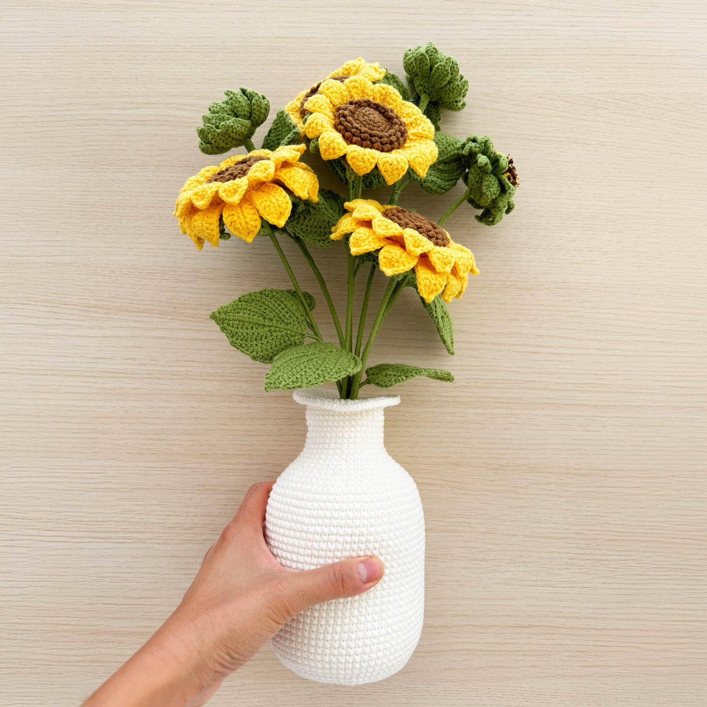 Handmade Crochet Sunflower Bouquet + Vase | Crocheted Flower | White Yellow Brown | Decorative Plants | Gift for Mother Wife