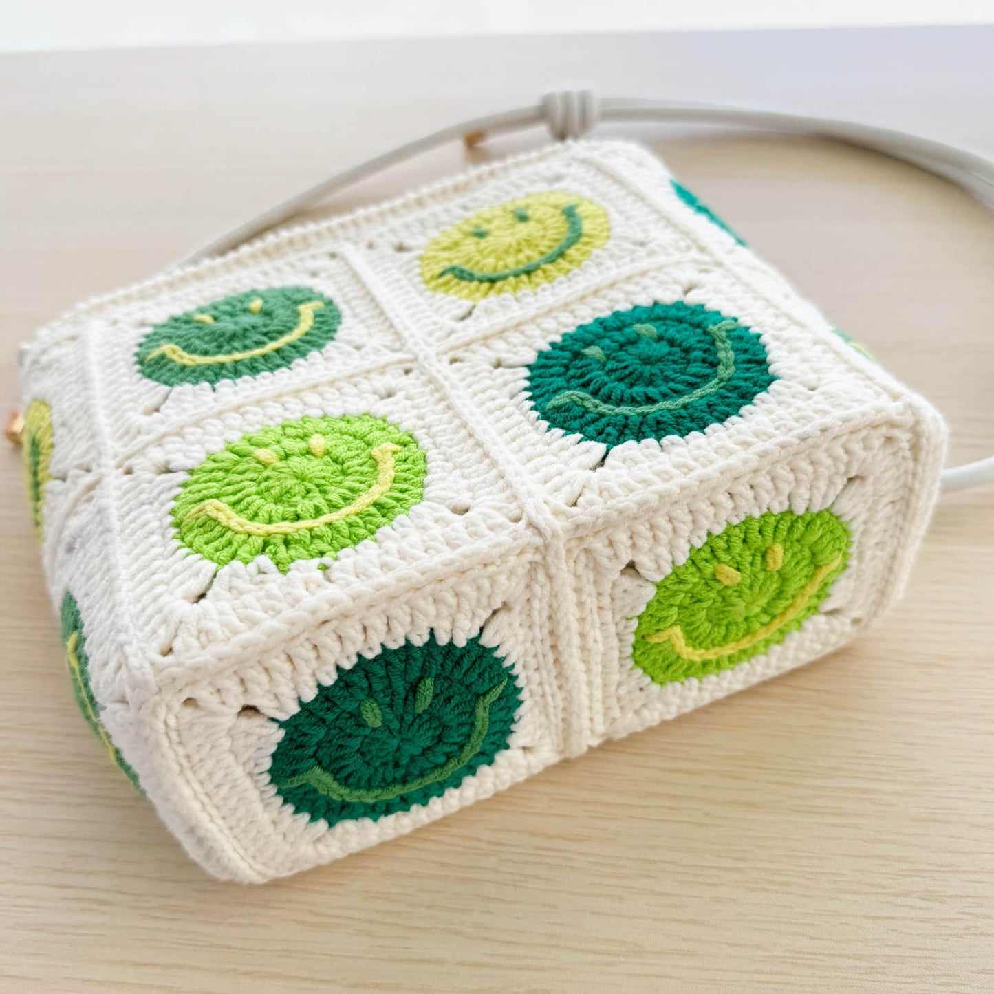 Handmade Crochet Smiley Face Granny Square Crossbody Bag | Purse | Adjustable Strap | Green White | Knitted | Handcrafted | Positivity