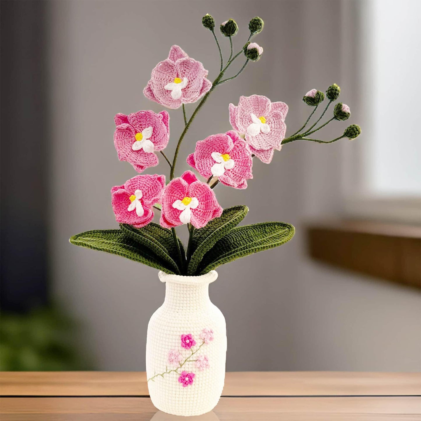 Handmade Crochet Moth Orchid + Vase | Flower Bonsai | Home Living Room Lobby Decor | White Pink Green | Dried Fake Flower