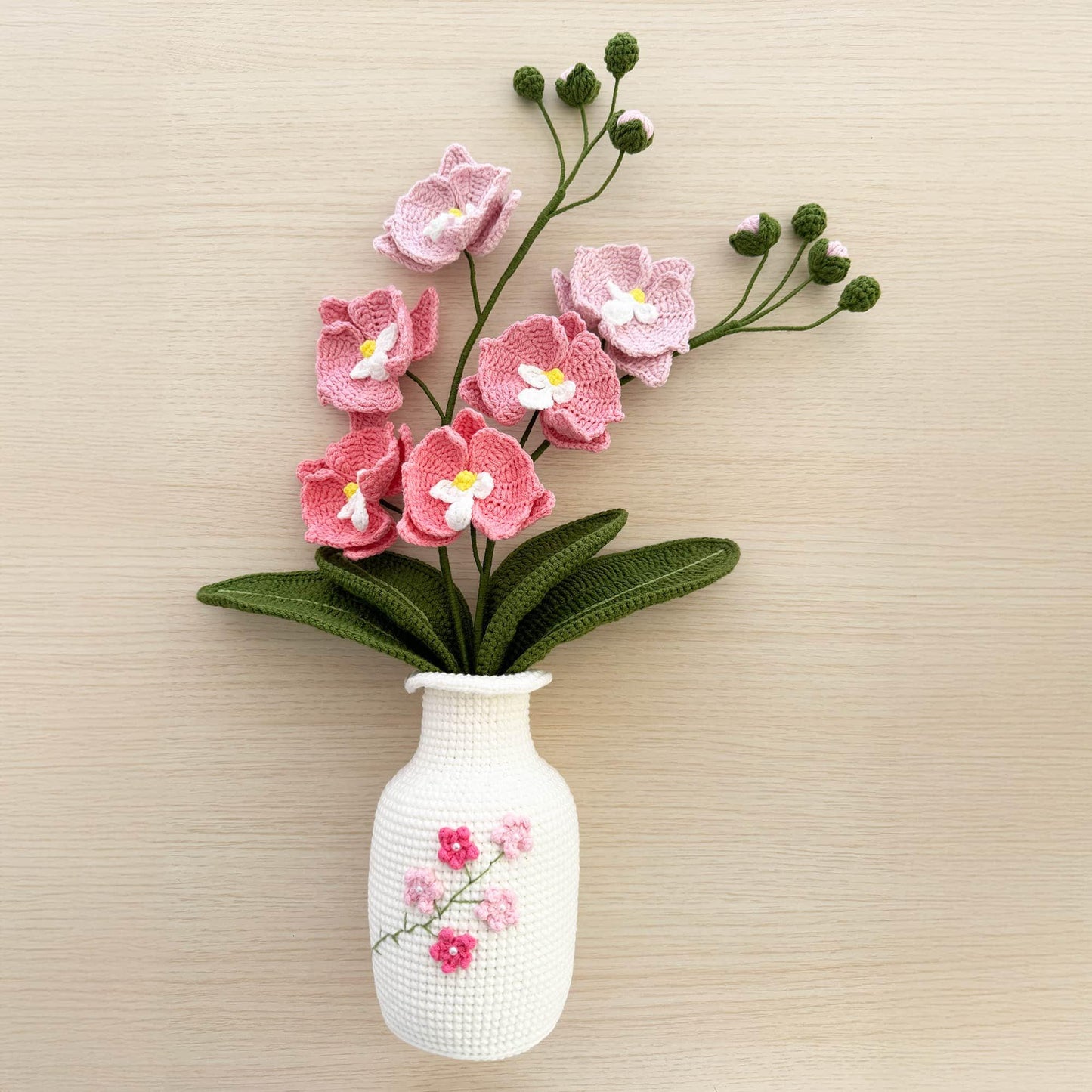 Handmade Crochet Moth Orchid + Vase | Flower Bonsai | Home Living Room Lobby Decor | White Pink Green | Dried Fake Flower