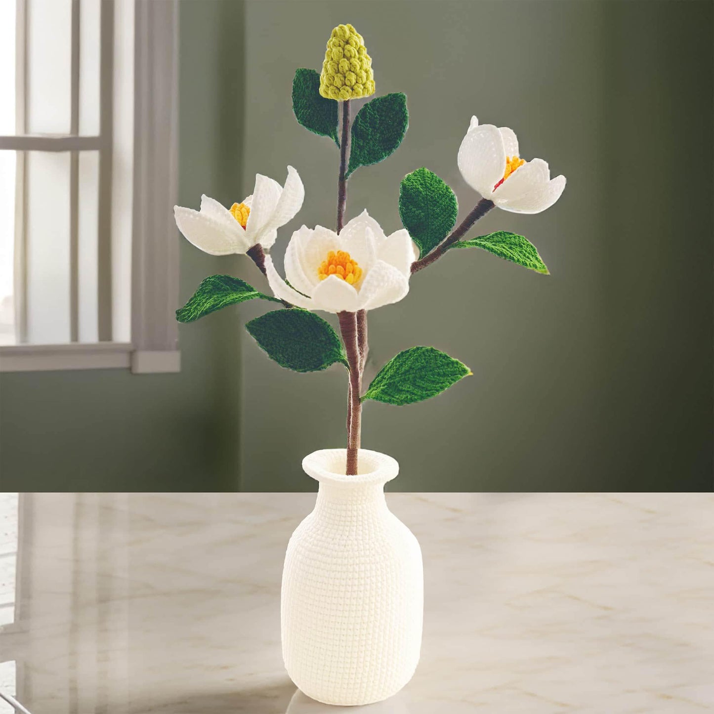 Handmade Crochet Magnolia + Vase | White Green Orange | Bull Bay | Southern Magnolia Grandiflora | Dried Flower | Mississippi