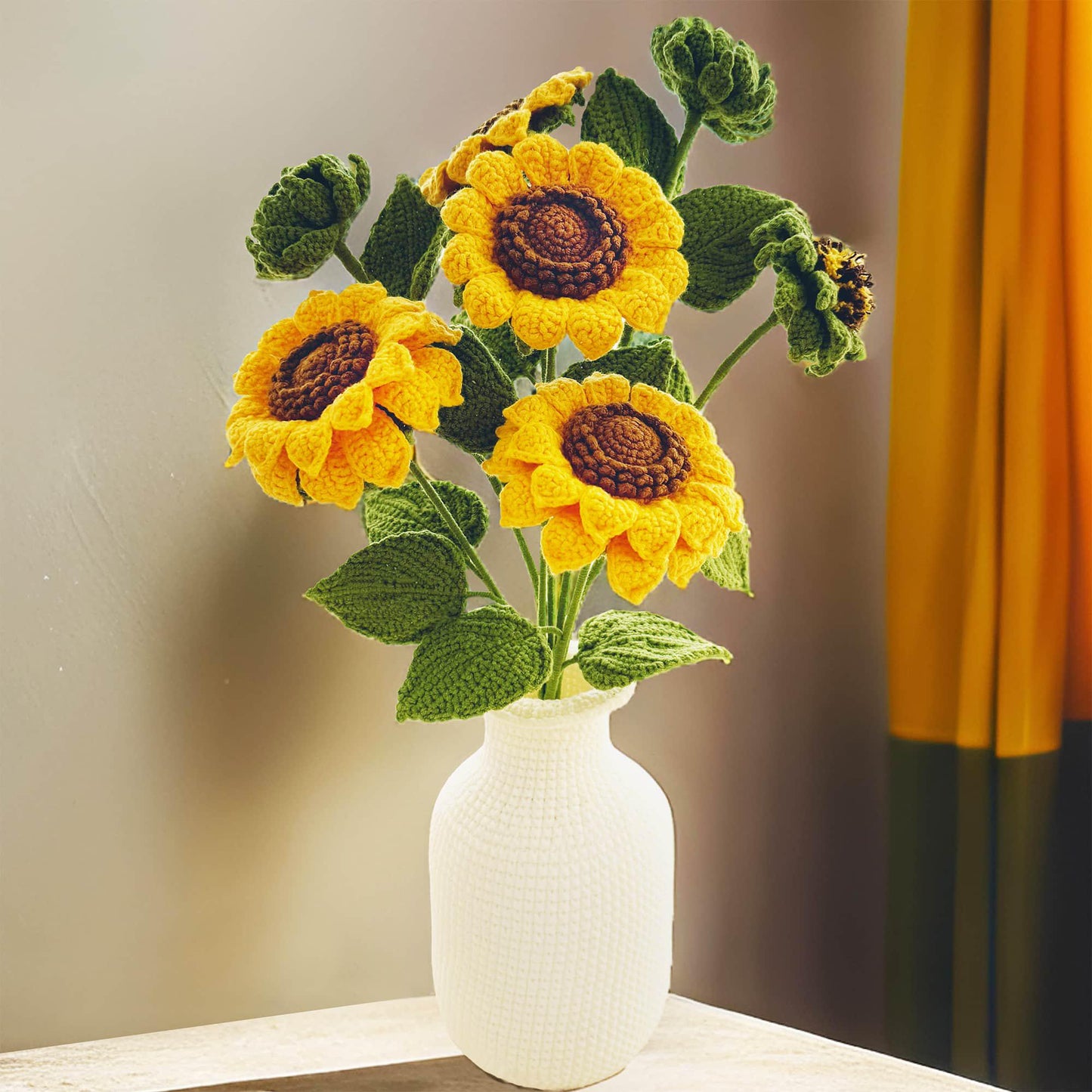 Handmade Crochet Sunflower Bouquet + Vase | Crocheted Flower | White Yellow Brown | Decorative Plants | Gift for Mother Wife