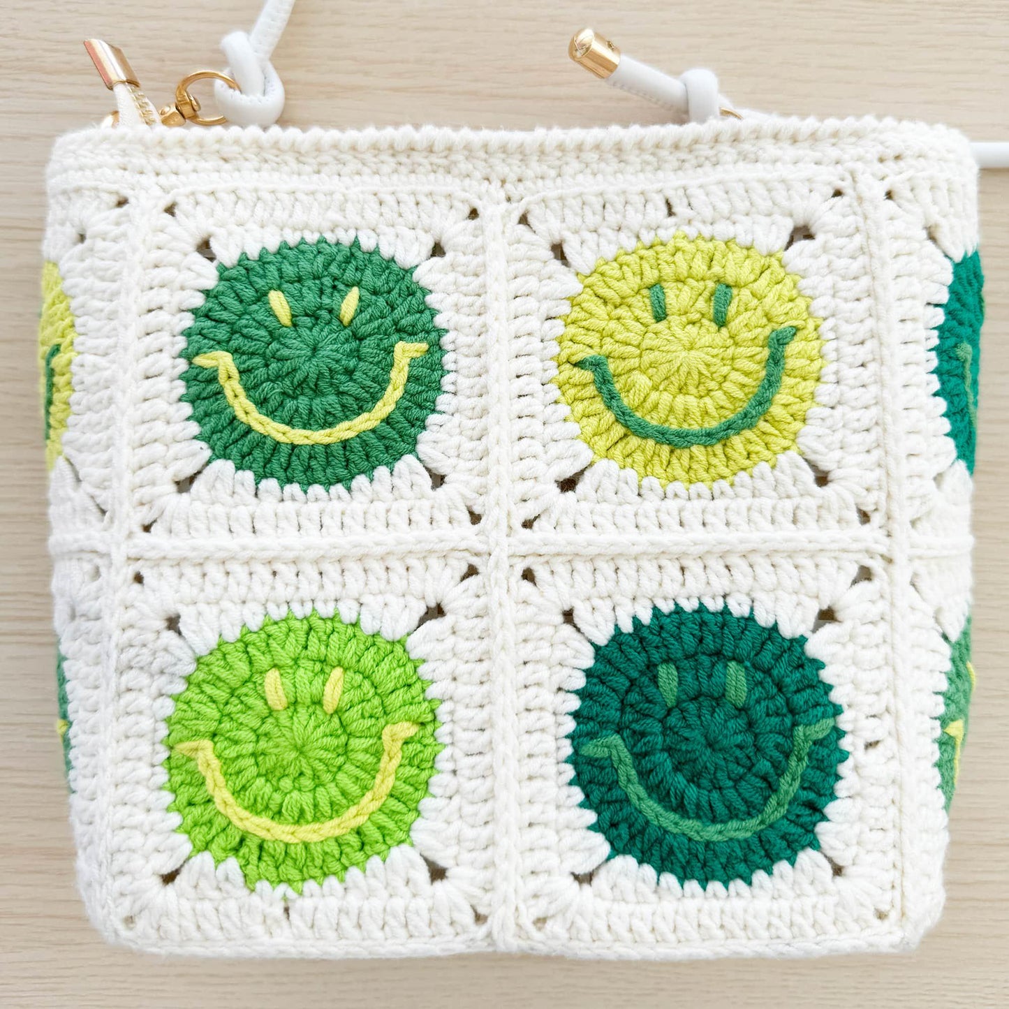 Handmade Crochet Smiley Face Granny Square Crossbody Bag | Purse | Adjustable Strap | Green White | Knitted | Handcrafted | Positivity