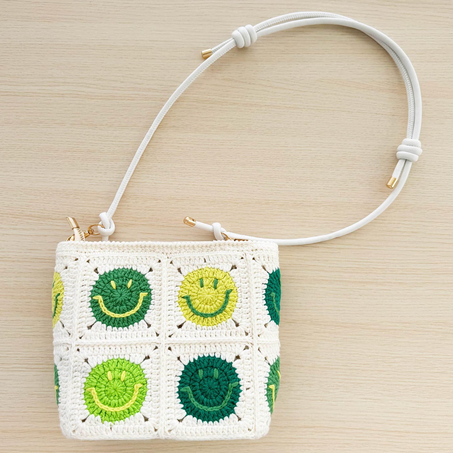 Handmade Crochet Smiley Face Granny Square Crossbody Bag | Purse | Adjustable Strap | Green White | Knitted | Handcrafted | Positivity