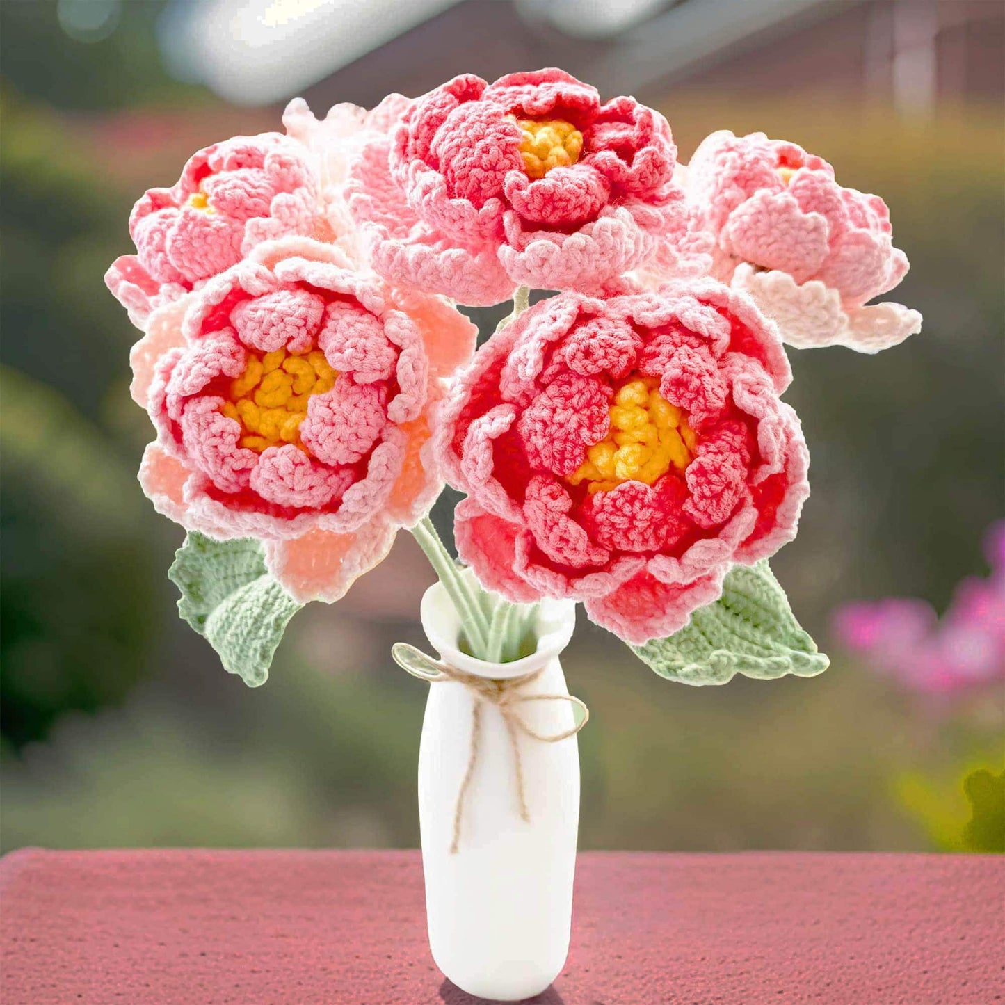 Handmade Crochet Peony Flower Stems (no vase) | Pink | Bouquet | Gift for Mom Girlfriend Teacher | Artificial Plant | Flowers Arrangement