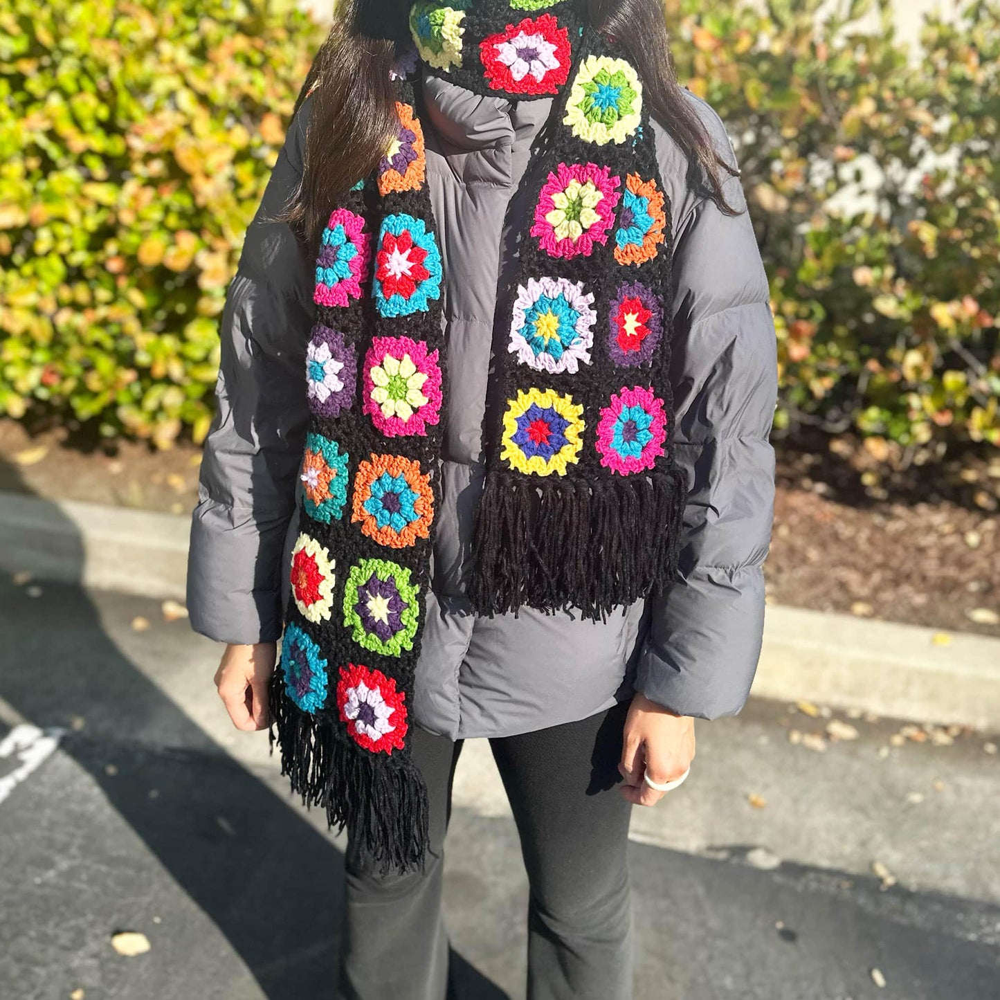 Handmade Crochet Granny Square Scarf | Black Red Yellow Green Blue | Winter Gift for Girlfriend Wife Mom | Craft Present | Knitted Fashion