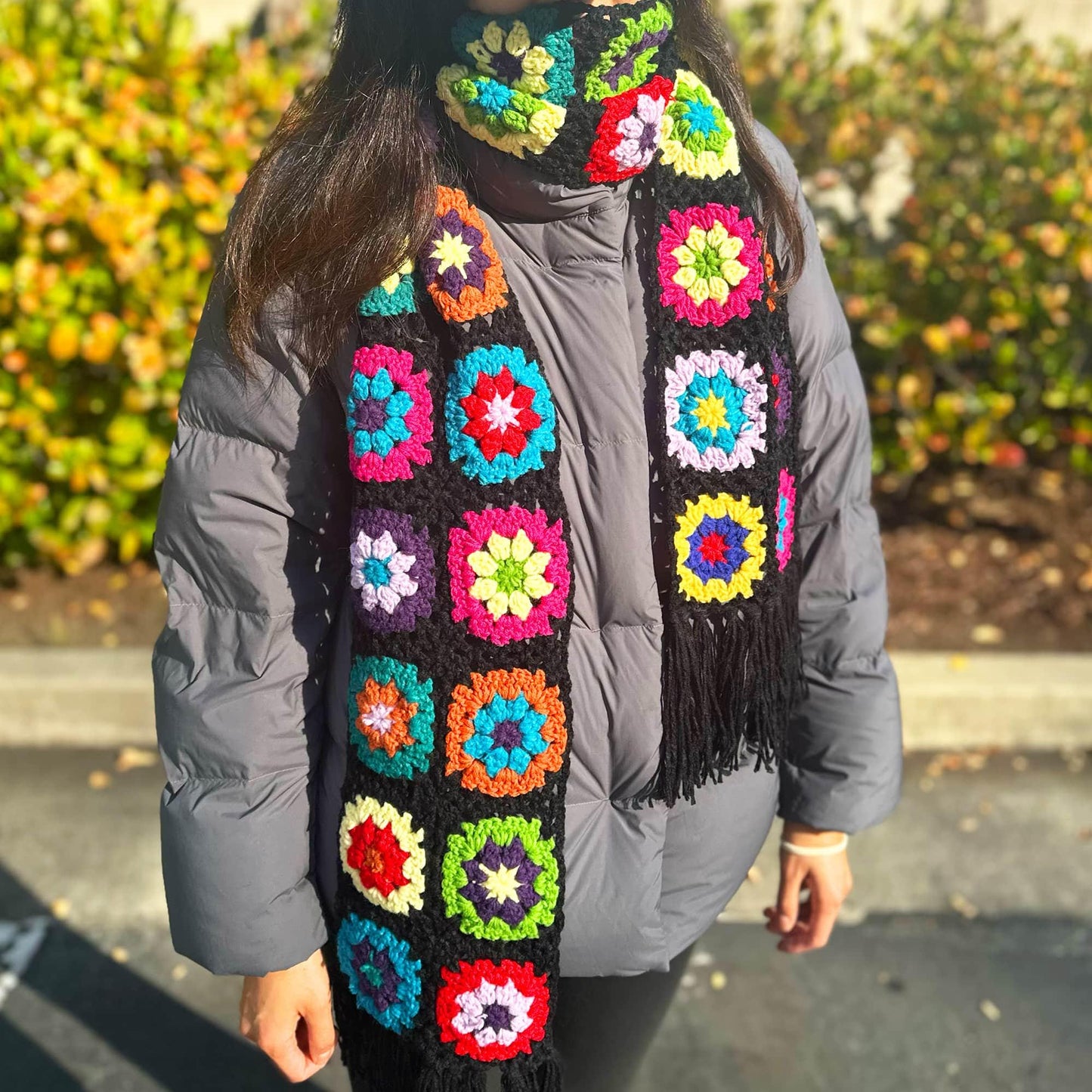 Handmade Crochet Granny Square Scarf | Black Red Yellow Green Blue | Winter Gift for Girlfriend Wife Mom | Craft Present | Knitted Fashion