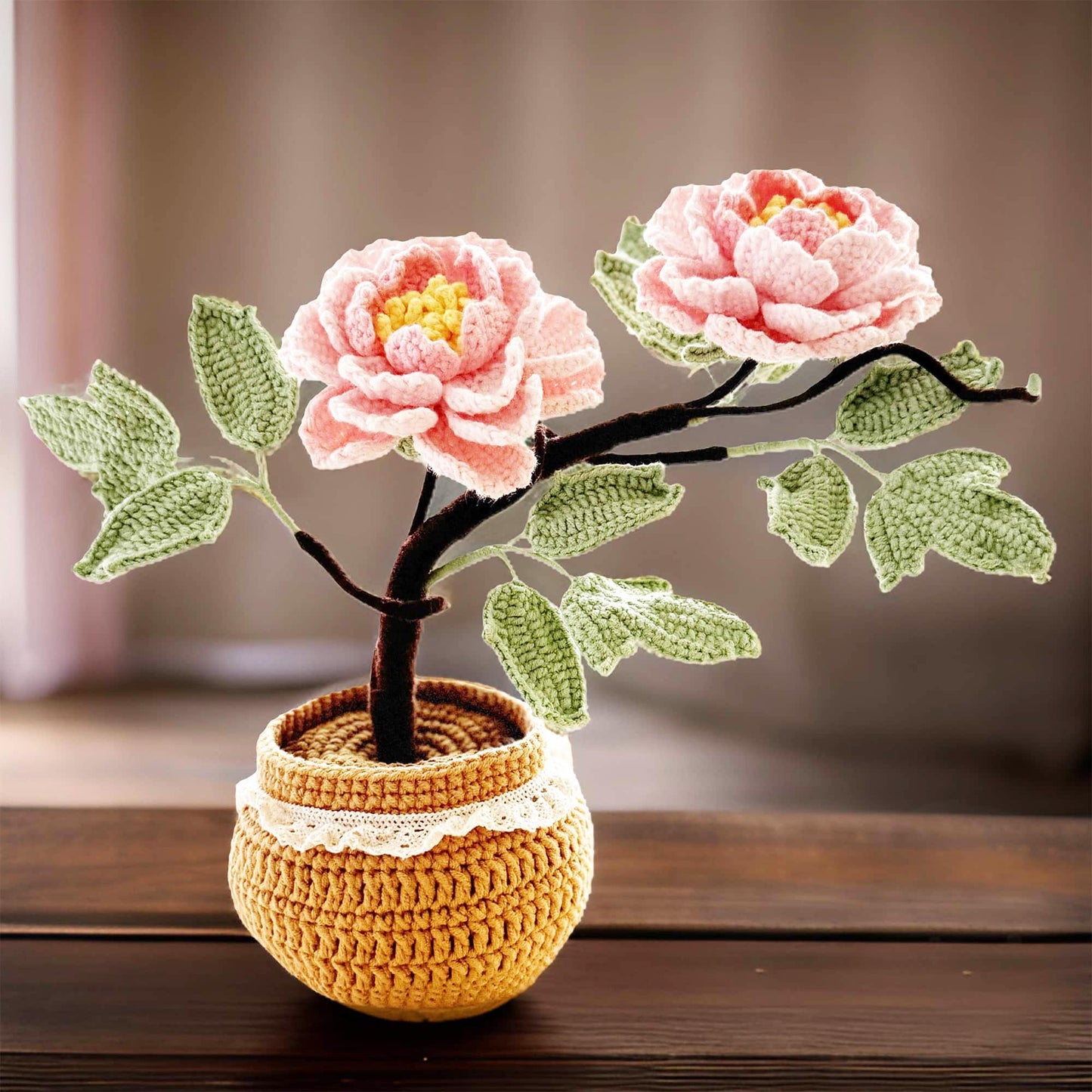 Handmade Crochet Peony Flower Pot | Pink | Yellow | Blue | Purple | Home Decor | Gift for Mom Girlfriend Women Teacher | Dried Fake Plant
