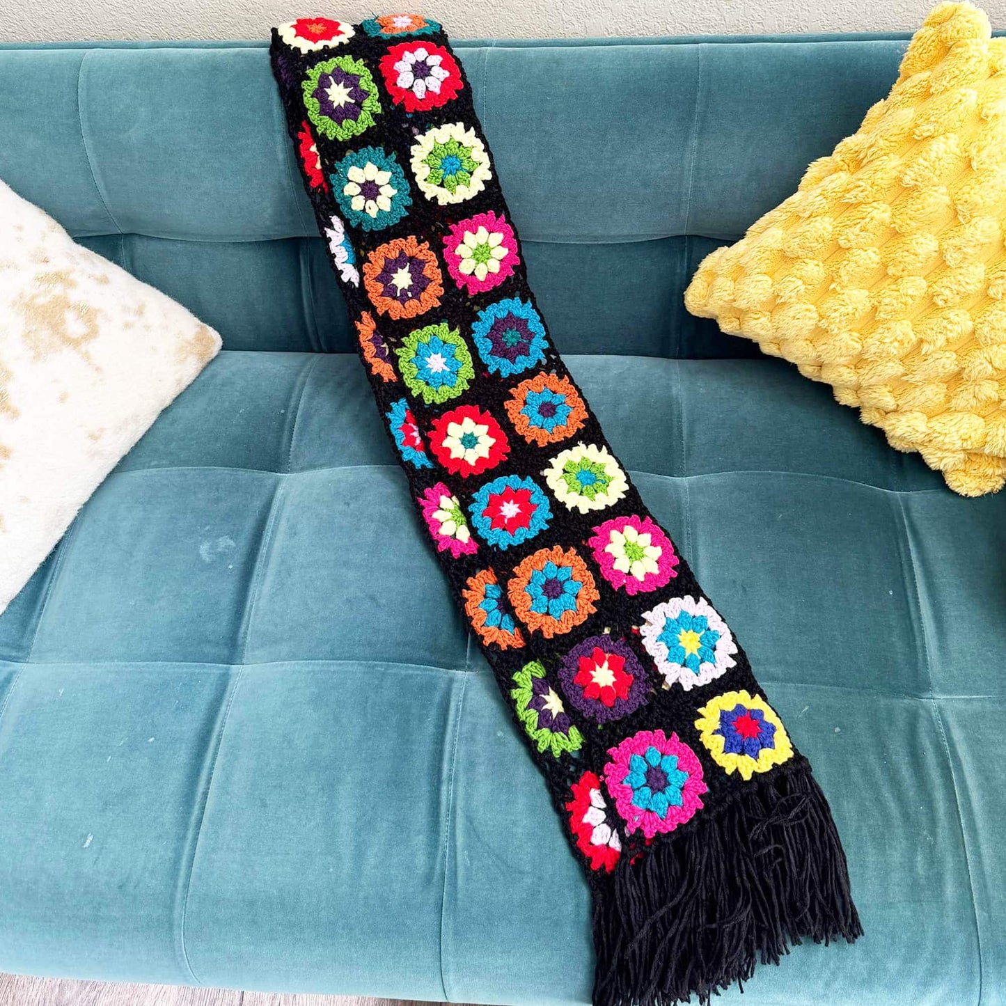 Handmade Crochet Granny Square Scarf | Black Red Yellow Green Blue | Winter Gift for Girlfriend Wife Mom | Craft Present | Knitted Fashion