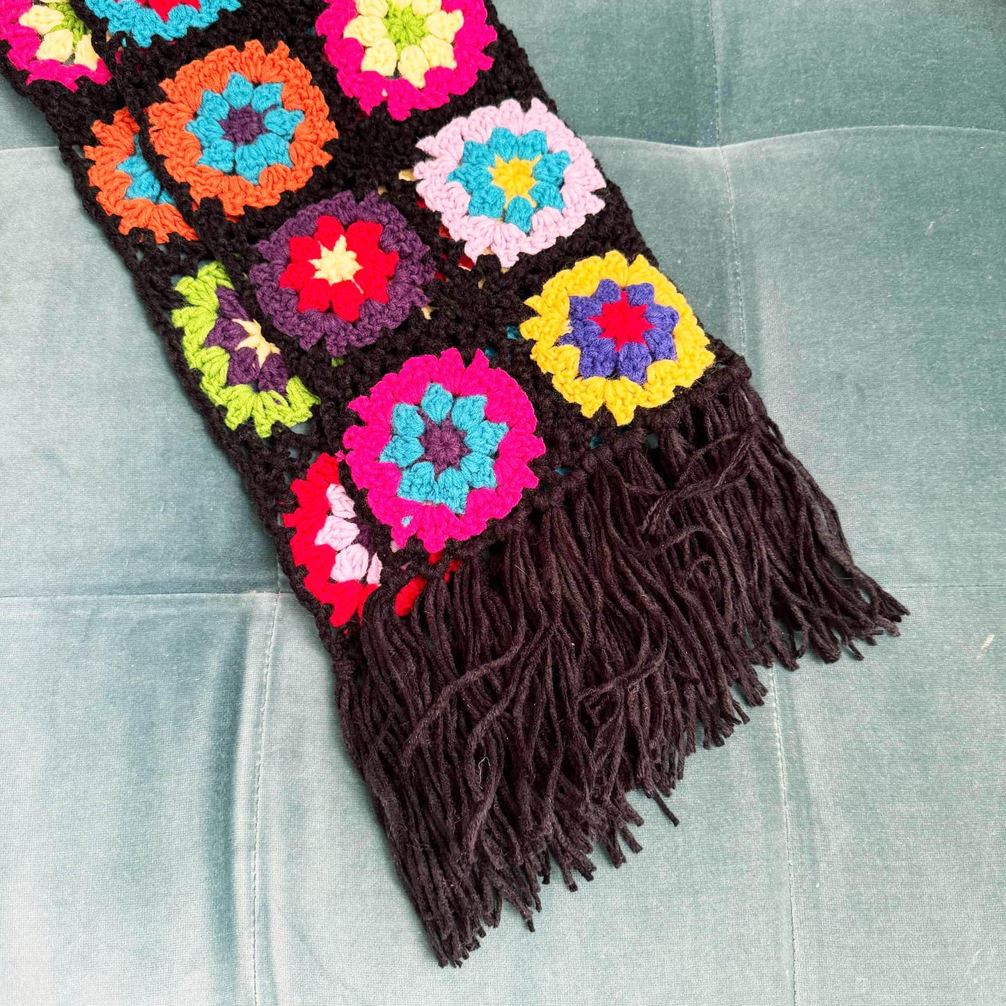 Handmade Crochet Granny Square Scarf | Black Red Yellow Green Blue | Winter Gift for Girlfriend Wife Mom | Craft Present | Knitted Fashion