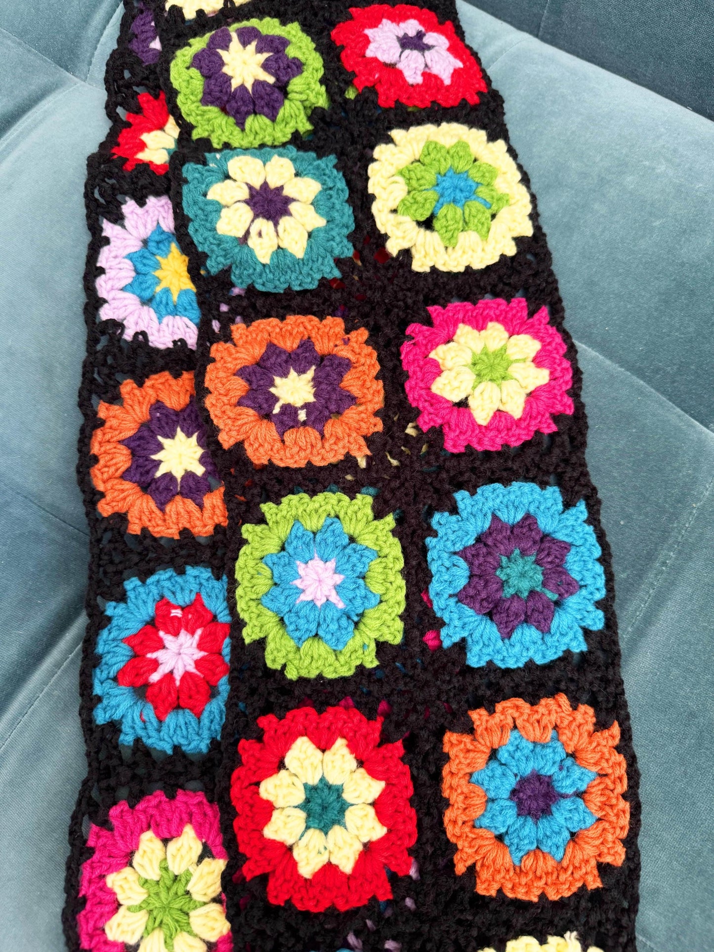 Handmade Crochet Granny Square Scarf | Black Red Yellow Green Blue | Winter Gift for Girlfriend Wife Mom | Craft Present | Knitted Fashion
