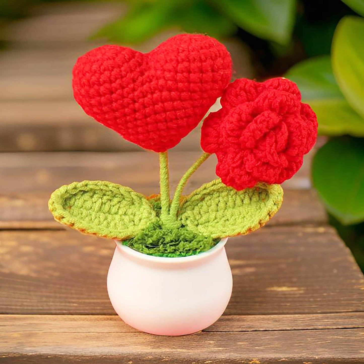 Handmade Finished Crochet Heart Flower Pot | Pink | Red | Blue | Rose | Forget me not | Decorative Plants | Girlfriend | Valentine Gift