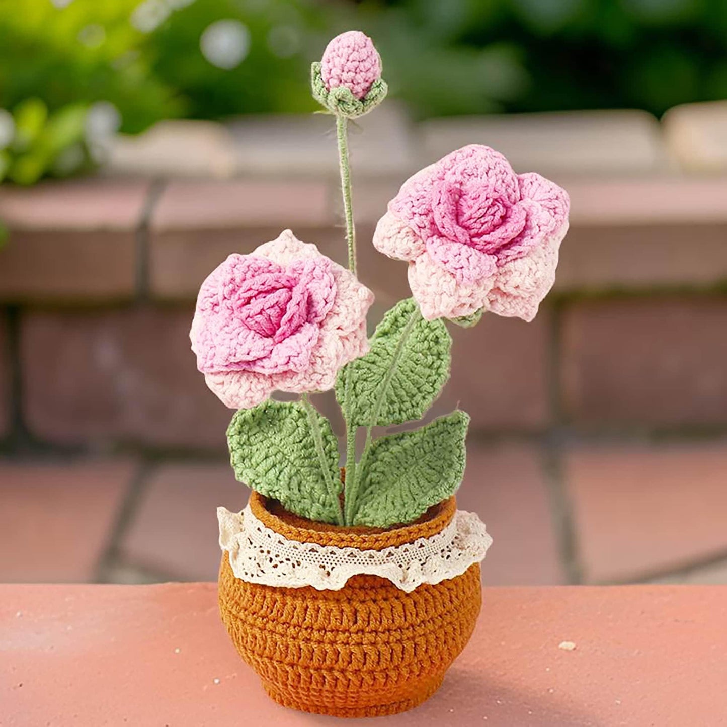 Handmade Crochet Pink Rose Chinensis Pot | Flower Decor | Decorative Plants | Home Decor | Gift For Girlfriend Wife Valentine | Anniversary