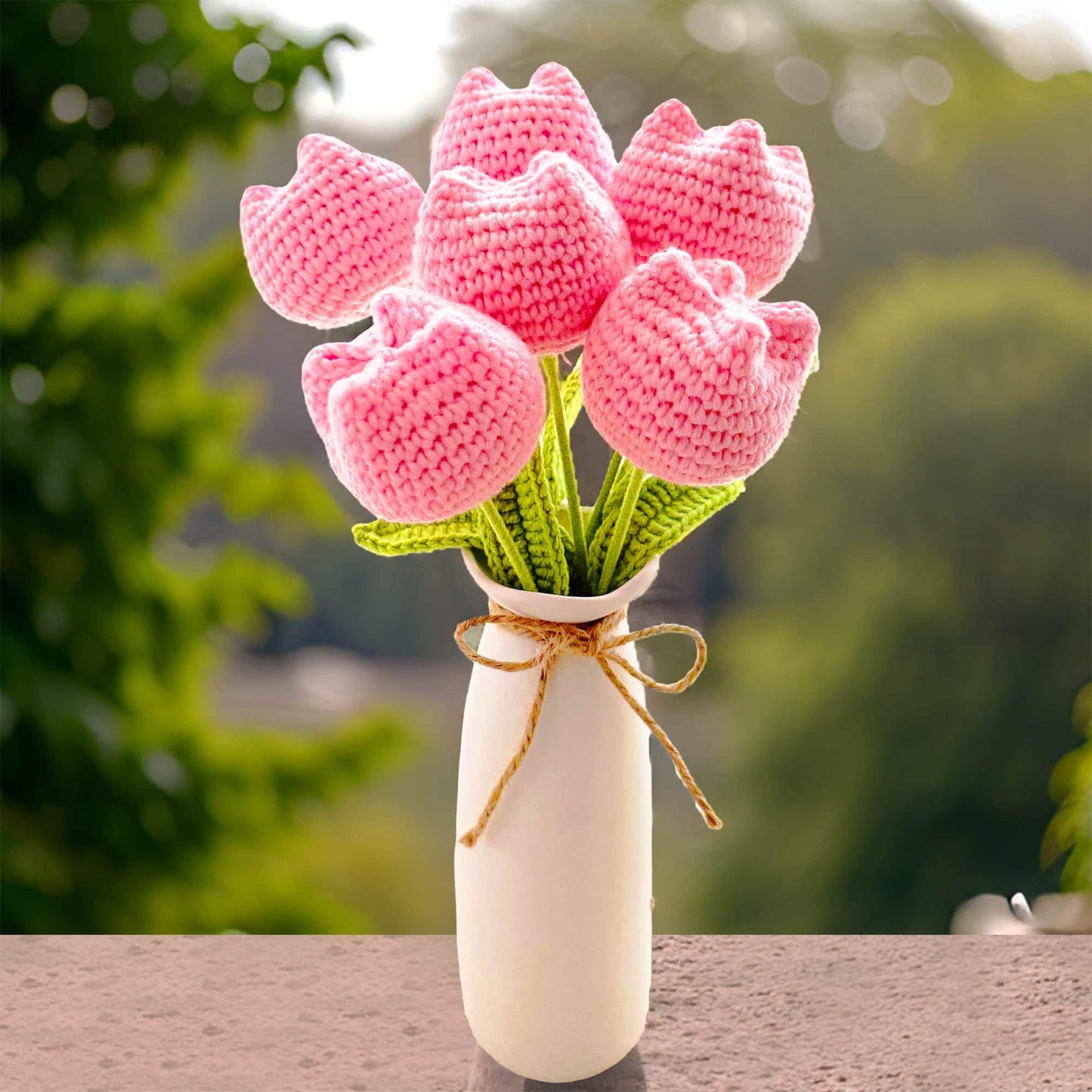 Handmade Crochet Tulip Flower Stems (no vase) | Pink | Bouquet | Gift for Mom Girlfriend Teacher | Artificial Plant | Flowers Arrangement