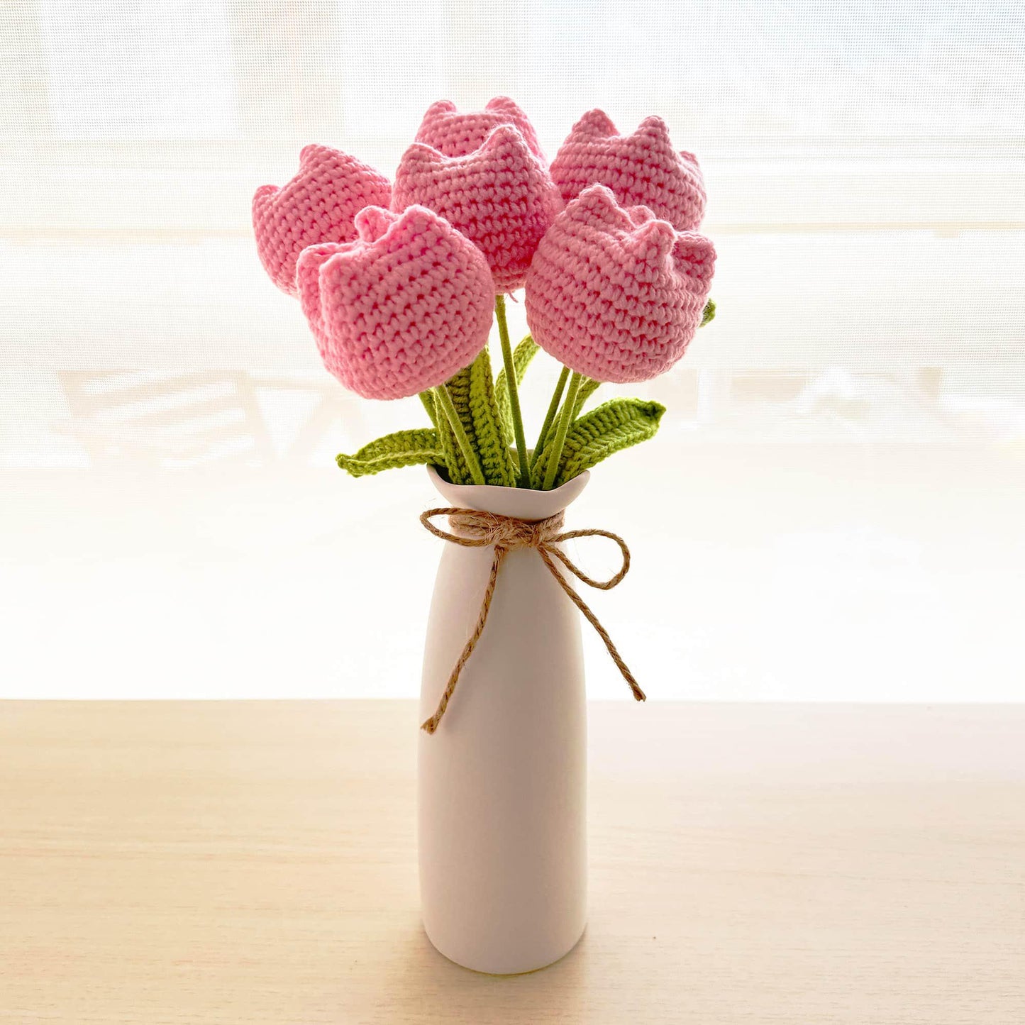 Handmade Crochet Tulip Flower Stems (no vase) | Pink | Bouquet | Gift for Mom Girlfriend Teacher | Artificial Plant | Flowers Arrangement