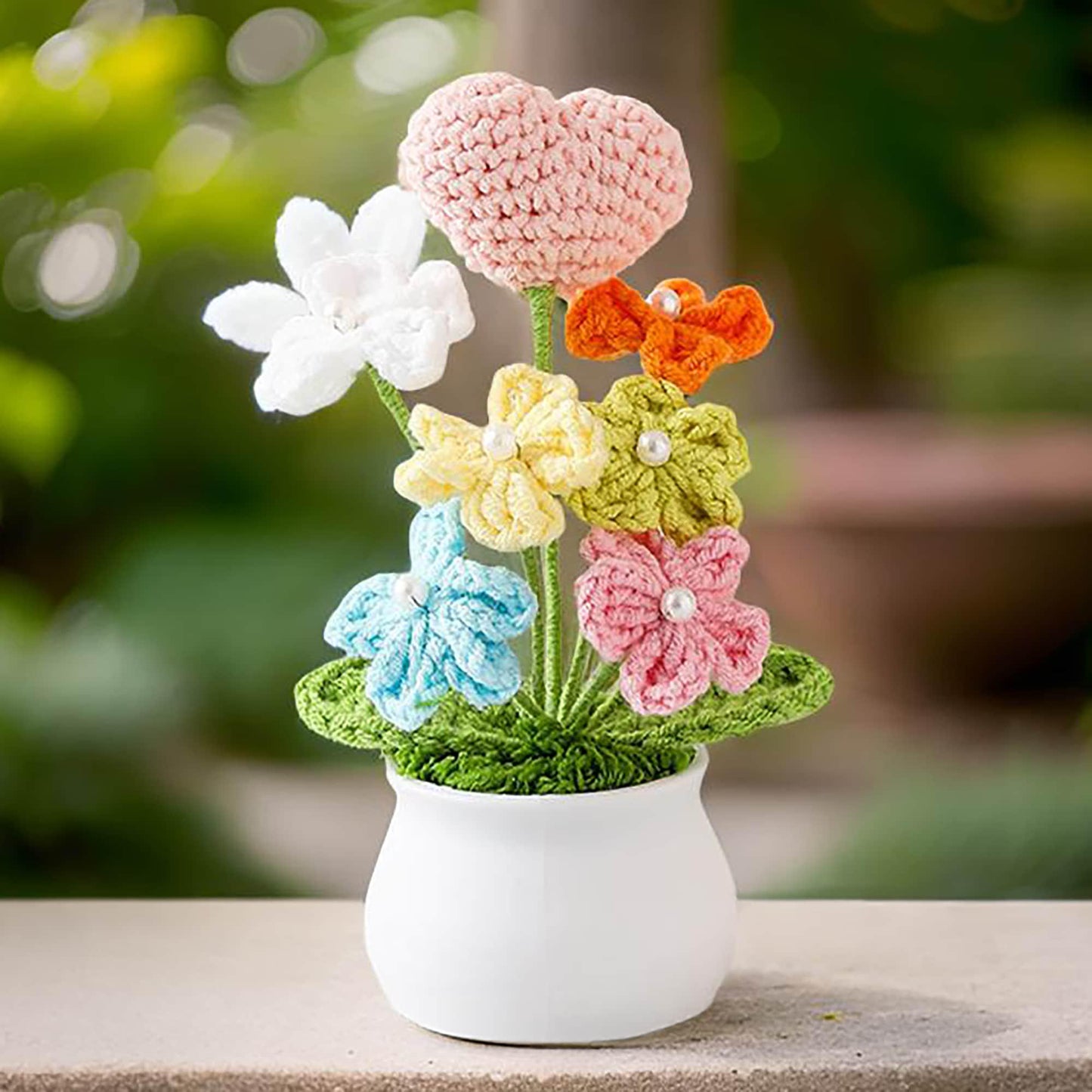 Handmade Finished Crochet Heart Flower Pot | Pink | Red | Blue | Rose | Forget me not | Decorative Plants | Girlfriend | Valentine Gift