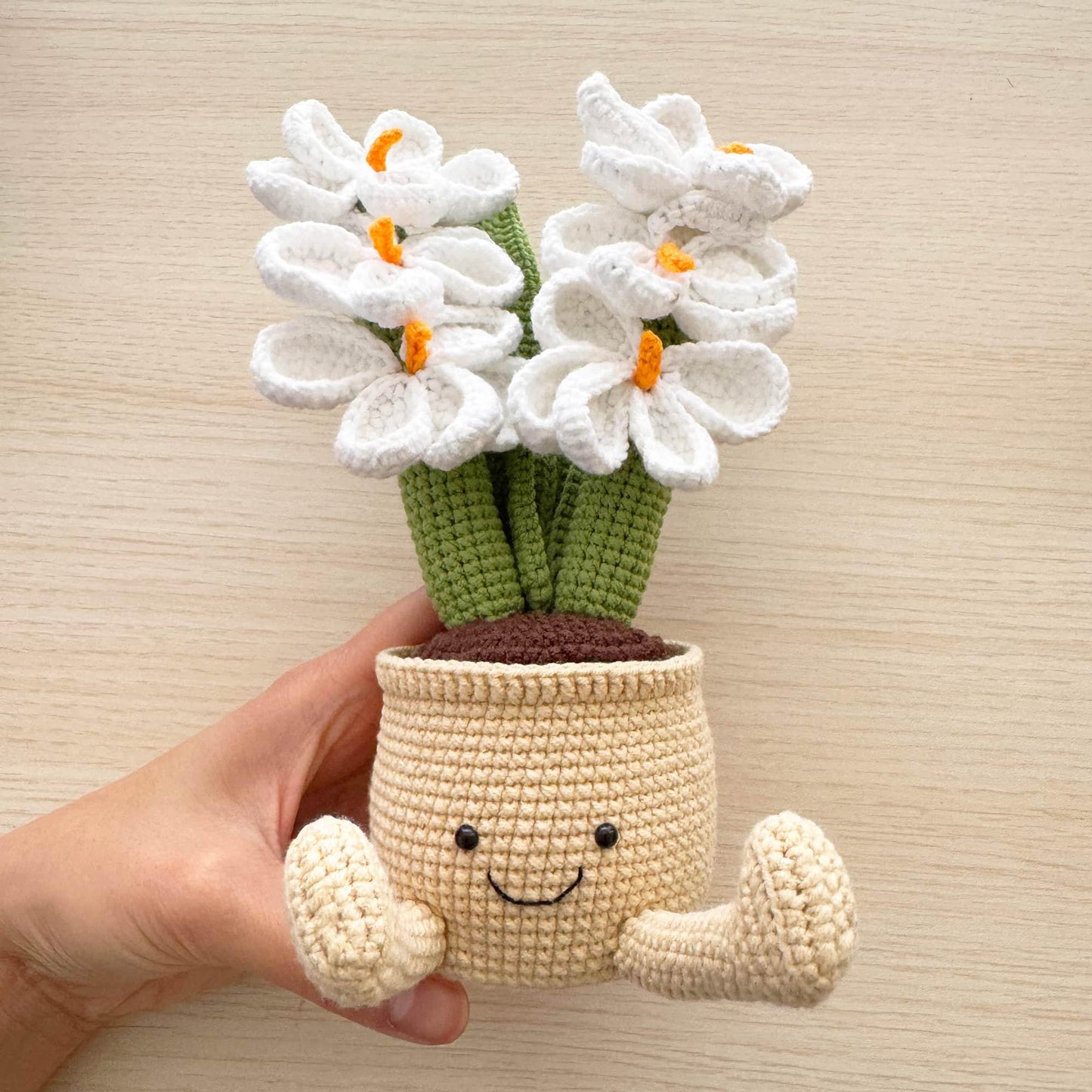 Handmade Crochet Orchids Smiley Pot | Flower Doll | Pink | White | Home Decor | Decorative Plants | Phone Holder | Gift for Kids Girl Friend