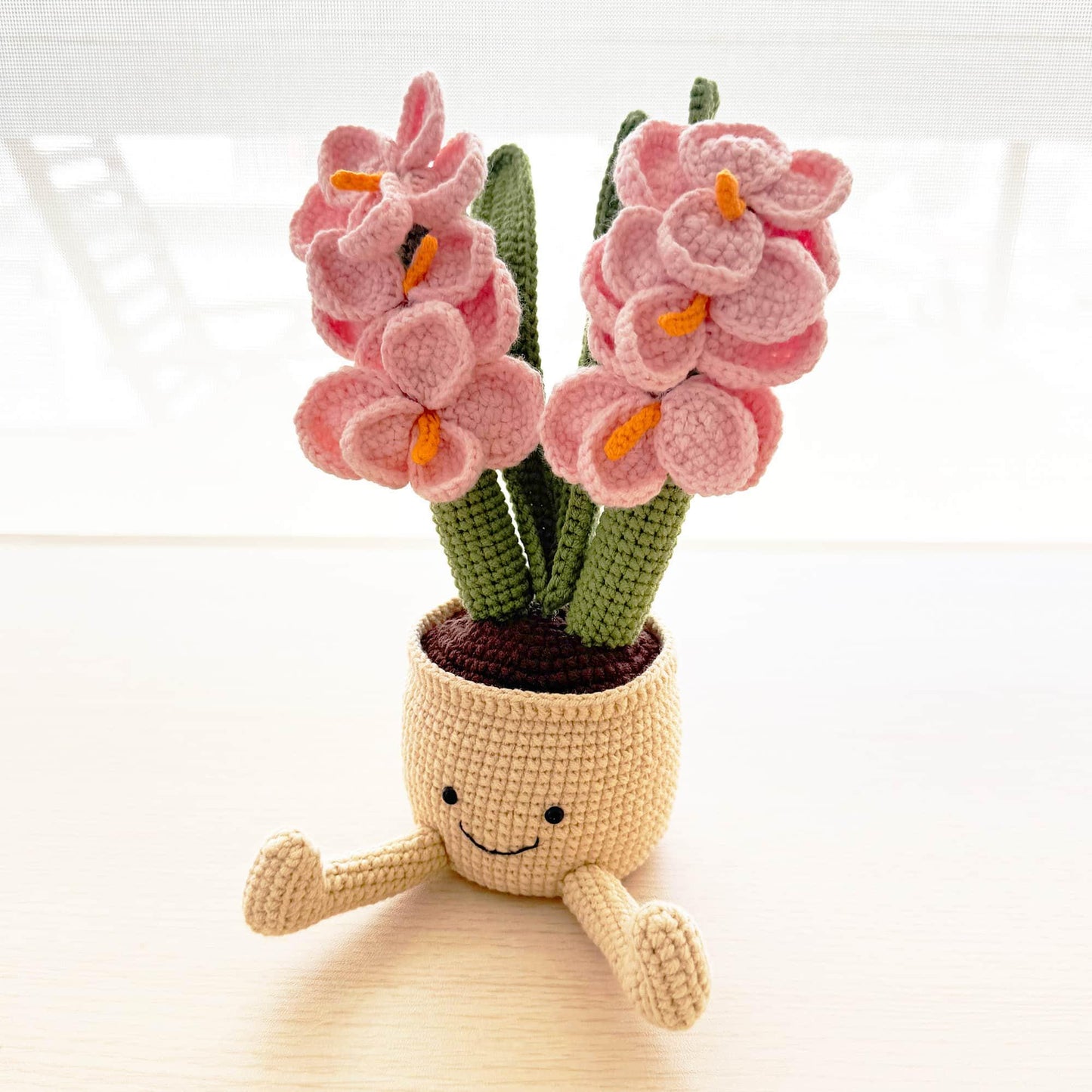 Handmade Crochet Orchids Smiley Pot | Flower Doll | Pink | White | Home Decor | Decorative Plants | Phone Holder | Gift for Kids Girl Friend