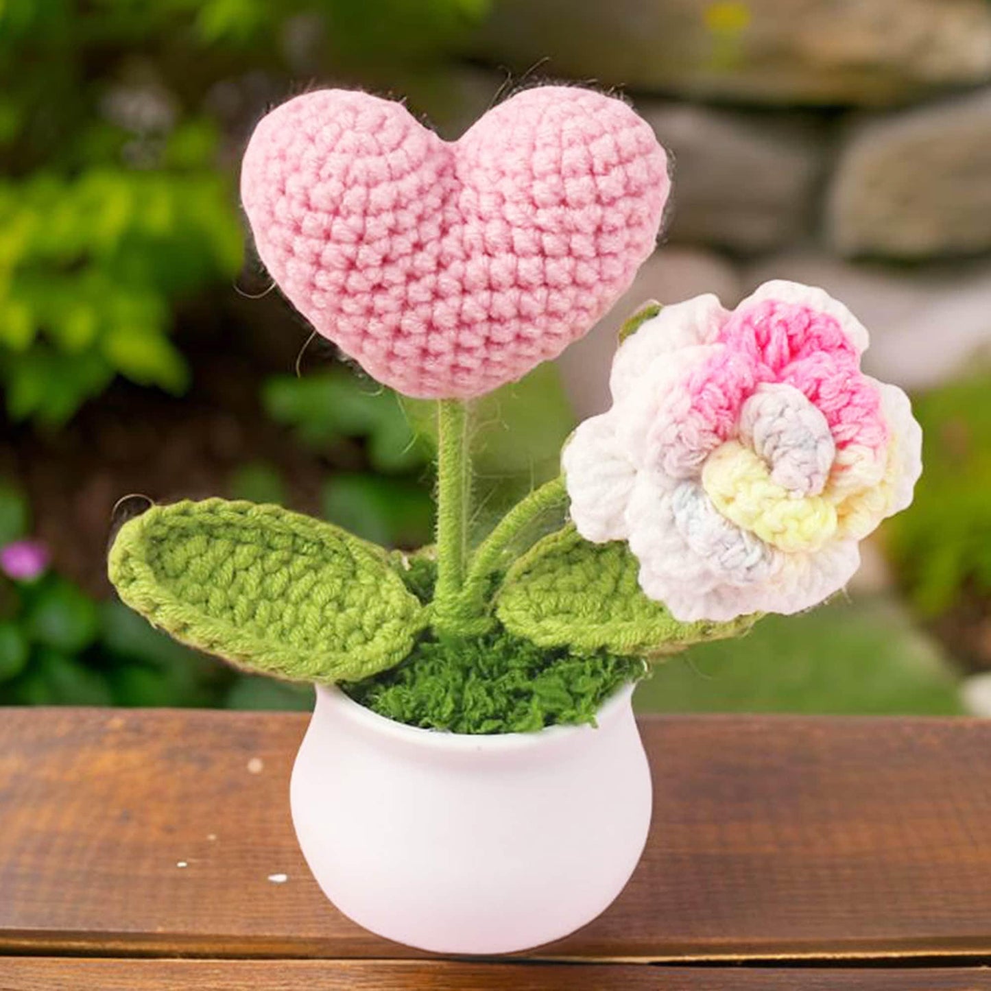 Handmade Finished Crochet Heart Flower Pot | Pink | Red | Blue | Rose | Forget me not | Decorative Plants | Girlfriend | Valentine Gift