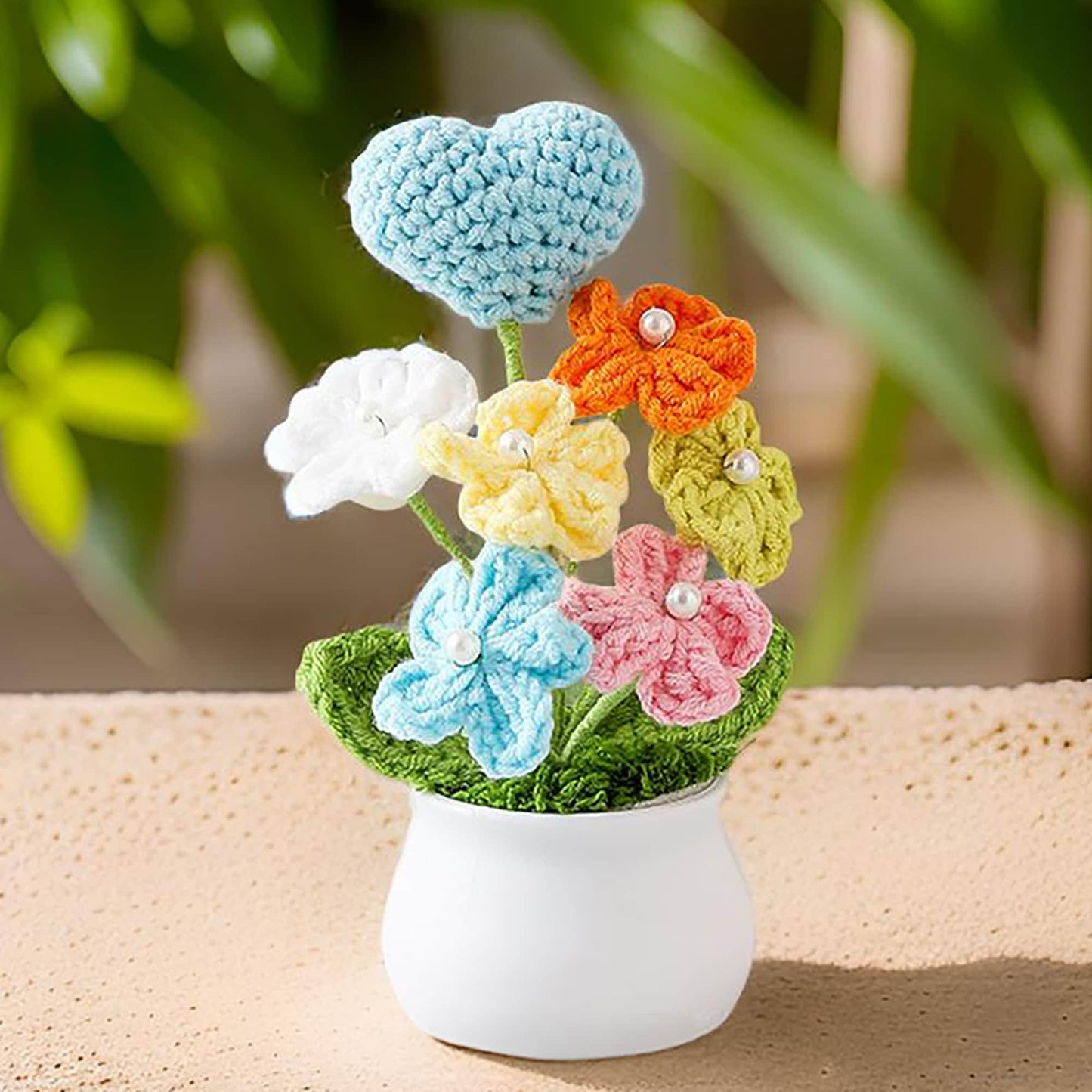 Handmade Finished Crochet Heart Flower Pot | Pink | Red | Blue | Rose | Forget me not | Decorative Plants | Girlfriend | Valentine Gift