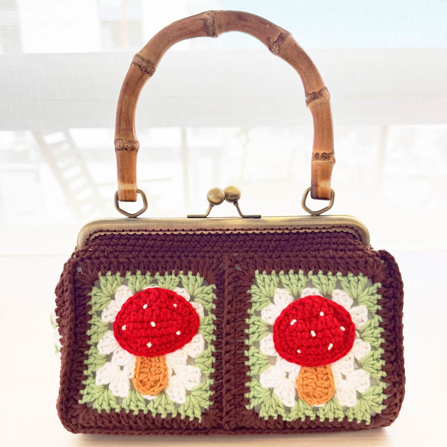 Handmade Crochet Mushroom Bamboo Pouch Clutch Bag | Red | Green | White | Brown | Granny Square Purse | Easter Accessory