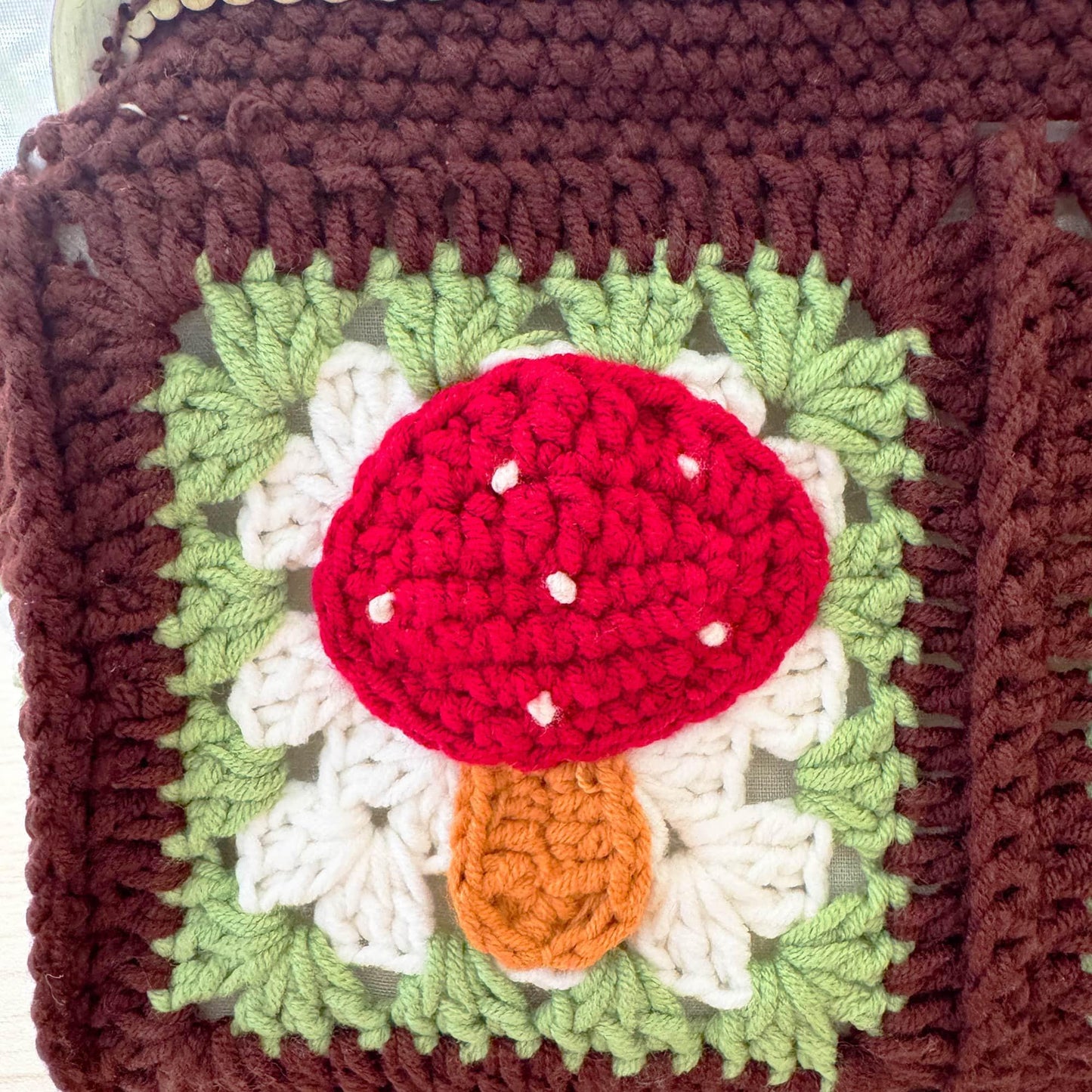 Handmade Crochet Mushroom Bamboo Pouch Clutch Bag | Red | Green | White | Brown | Granny Square Purse | Easter Accessory