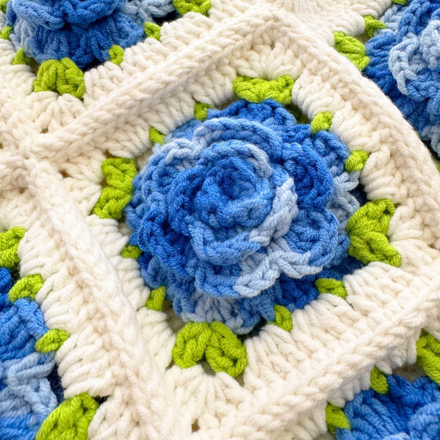Handmade Crochet Blue Rose Granny Square Tote Bag | White Blue Green | Gift for Girlfriend Wife Mom | Craft Present | Grocery