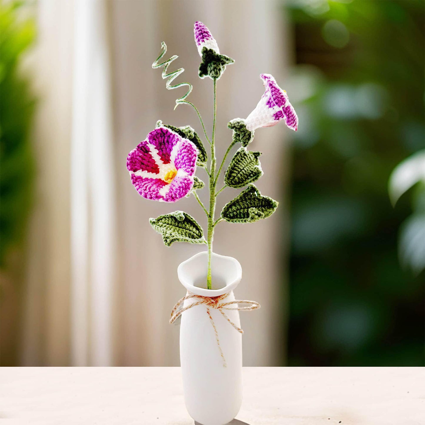 Handmade Crochet Morning Glory Stem | Purple White Green | Crocheted Bouquet (no vase) | Artificial Flower | Mother's day Anniversary